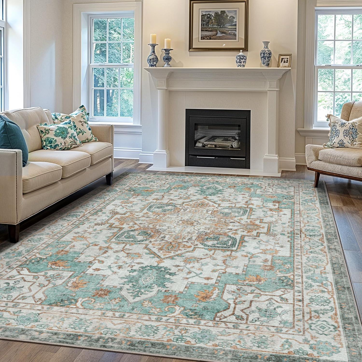 imageGENIMO 9x12 Area Rugs for Living Room Machine Washable Non Slip Rugs Low Pile Lightweight Print Rug for Bedroom Dining Room Home Office Vintage Brick RedCyan