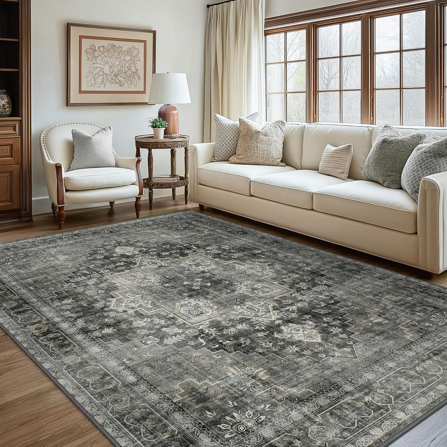 imageGENIMO 9x12 Area Rugs for Living Room Machine Washable Non Slip Rugs Low Pile Lightweight Print Rug for Bedroom Dining Room Home Office Vintage Brick RedCharcoal Gray