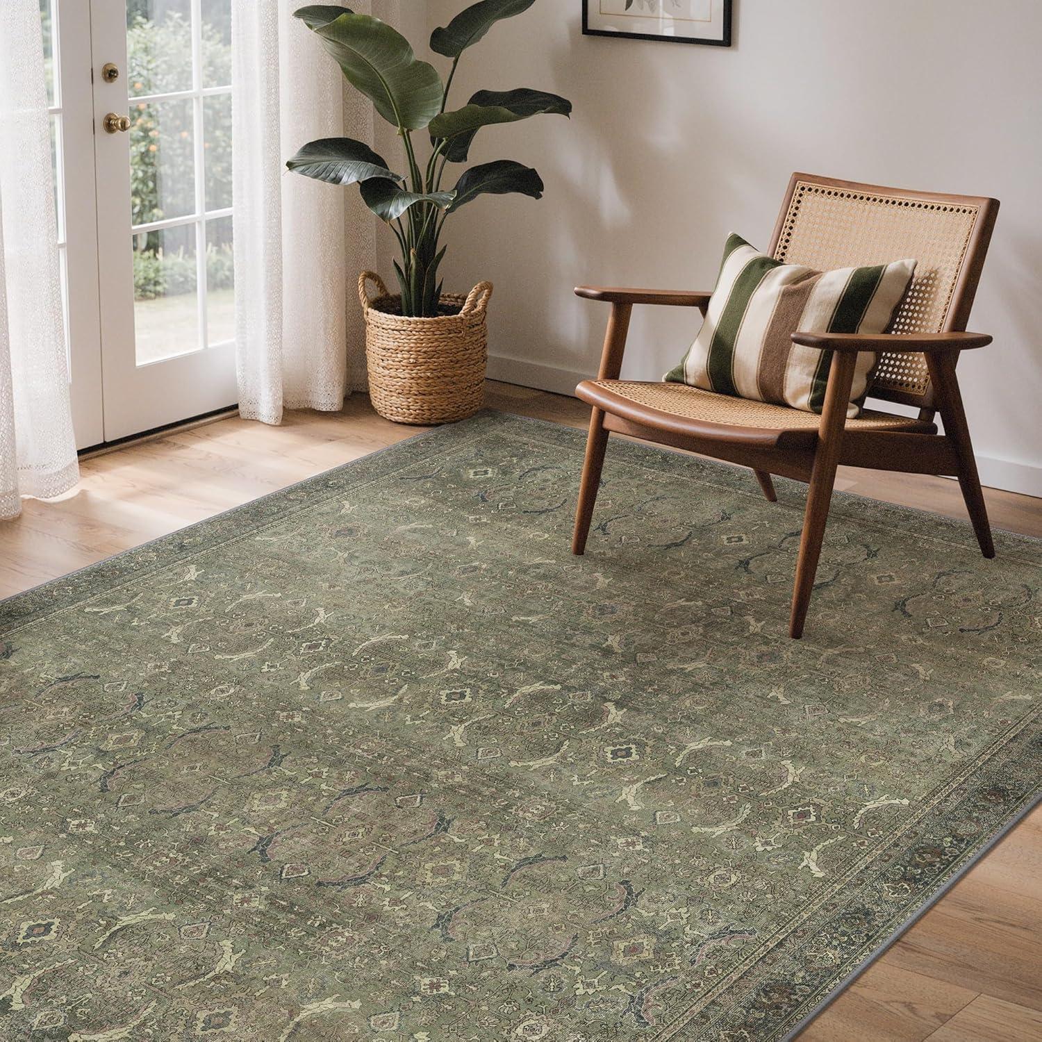 imageGENIMO 9x12 Area Rugs for Living Room Machine Washable Non Slip Rugs Low Pile Lightweight Print Rug for Bedroom Dining Room Home Office Vintage Brick RedMuted Green