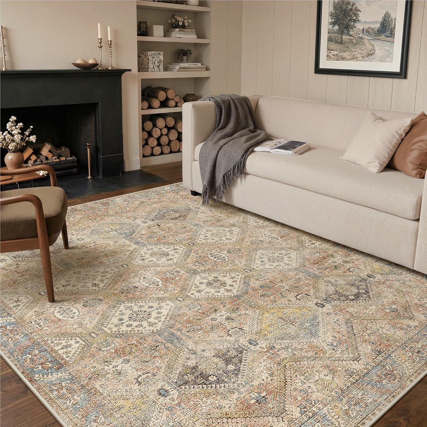 imageGENIMO 9x12 Area Rugs for Living Room Machine Washable Non Slip Rugs Low Pile Lightweight Print Rug for Bedroom Dining Room Home Office Vintage Brick RedWarm Brown