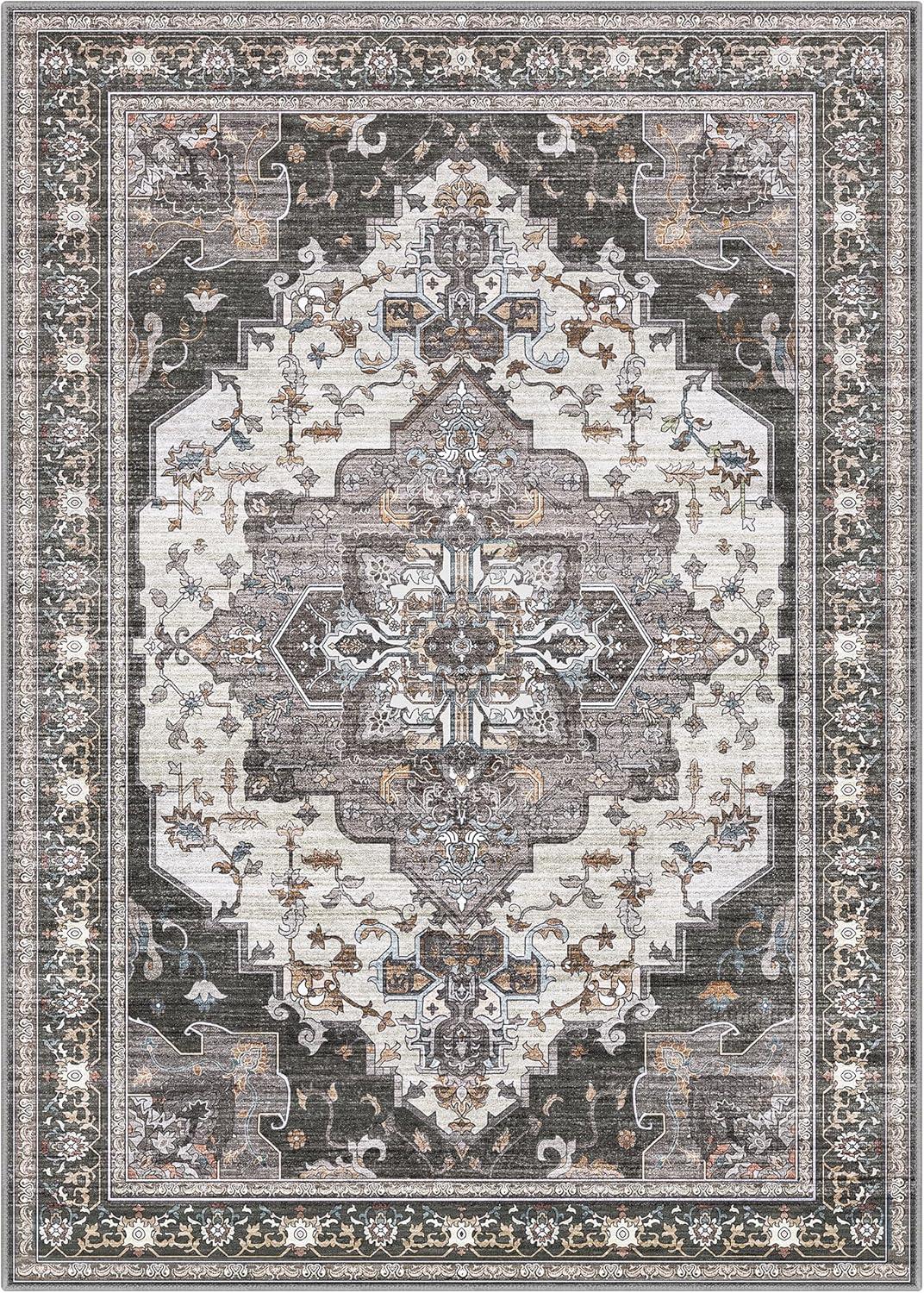 imageGENIMO 9x12 Area Rugs for Living Room Machine Washable Non Slip Rugs Low Pile Lightweight Print Rug for Bedroom Dining Room Home Office Vintage Brick RedSlate Gray