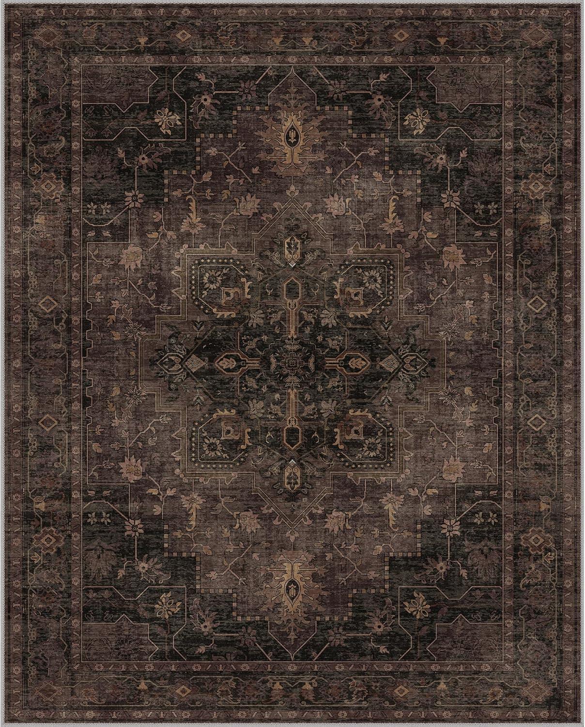 imageGENIMO 9x12 Area Rugs for Living Room Machine Washable Non Slip Rugs Low Pile Lightweight Print Rug for Bedroom Dining Room Home Office Vintage Brick RedCharcoal Brown