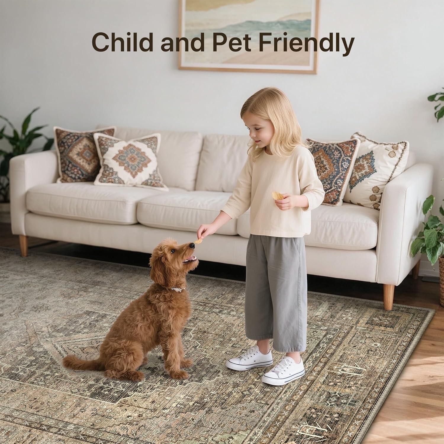 imageGENIMO 9x12 Area Rugs for Living Room Machine Washable Non Slip Rugs Low Pile Lightweight Print Rug for Bedroom Dining Room Home Office Vintage Brick RedChestnut Brown