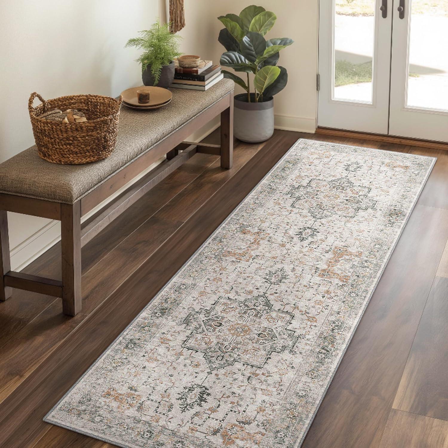 imageGENIMO 9x12 Area Rugs for Living Room Machine Washable Non Slip Rugs Low Pile Lightweight Print Rug for Bedroom Dining Room Home Office Vintage Brick RedTaupe