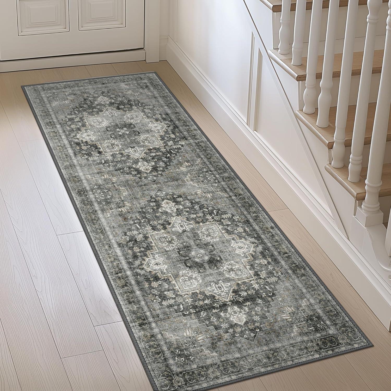 imageGENIMO 9x12 Area Rugs for Living Room Machine Washable Non Slip Rugs Low Pile Lightweight Print Rug for Bedroom Dining Room Home Office Vintage Brick RedCharcoal Gray