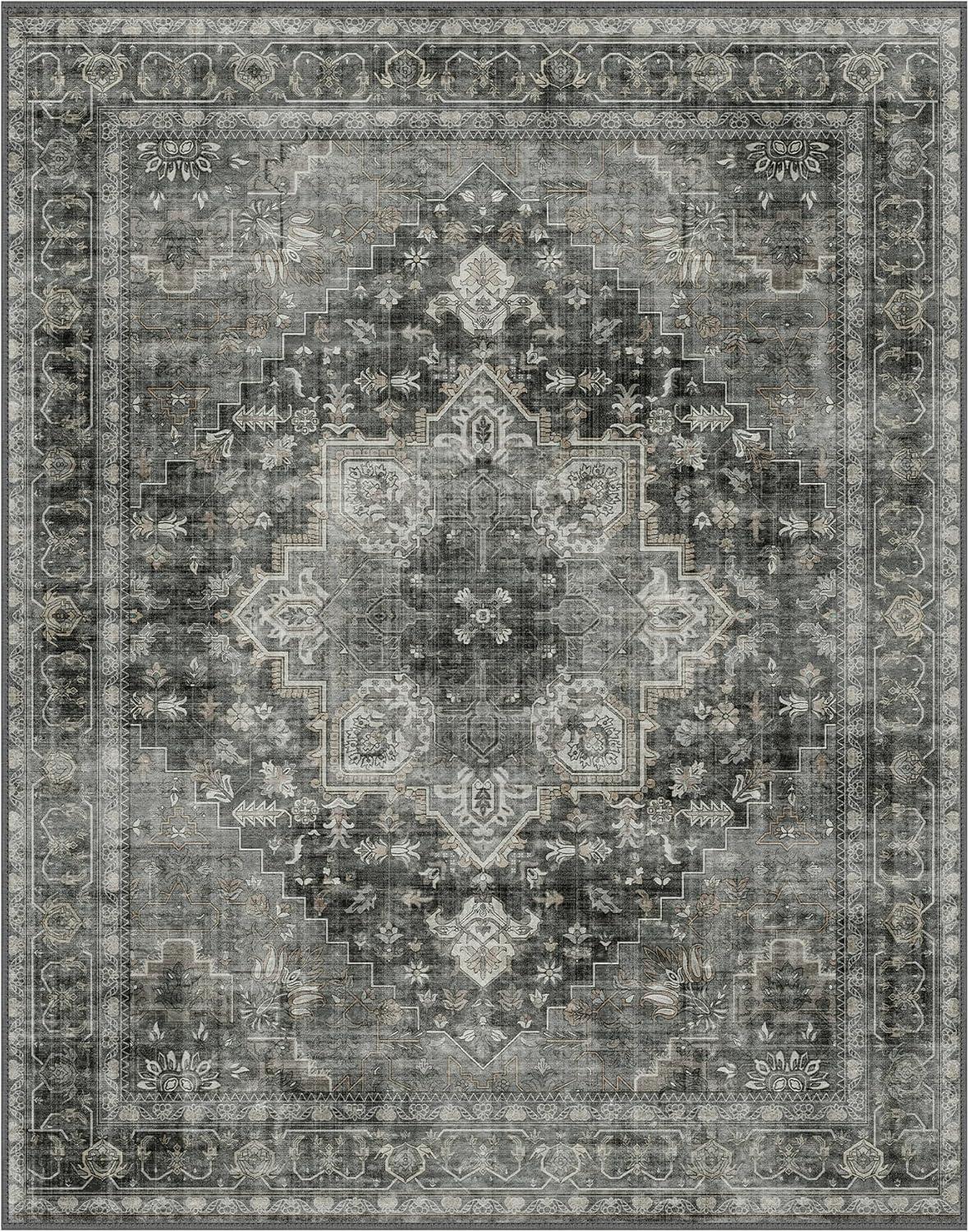 imageGENIMO 9x12 Area Rugs for Living Room Machine Washable Non Slip Rugs Low Pile Lightweight Print Rug for Bedroom Dining Room Home Office Vintage Brick RedCharcoal Gray