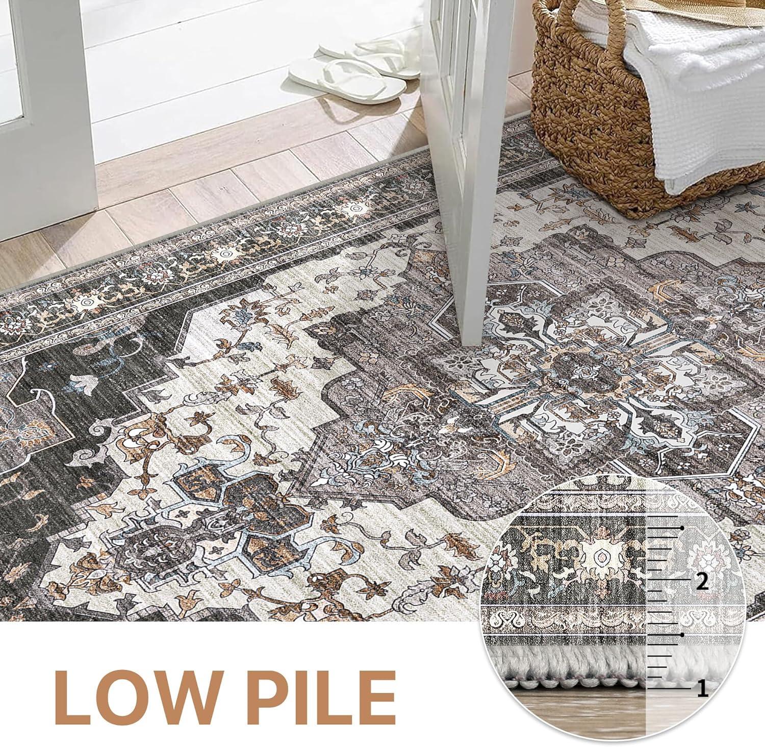 imageGENIMO 9x12 Area Rugs for Living Room Machine Washable Non Slip Rugs Low Pile Lightweight Print Rug for Bedroom Dining Room Home Office Vintage Brick RedSlate Gray