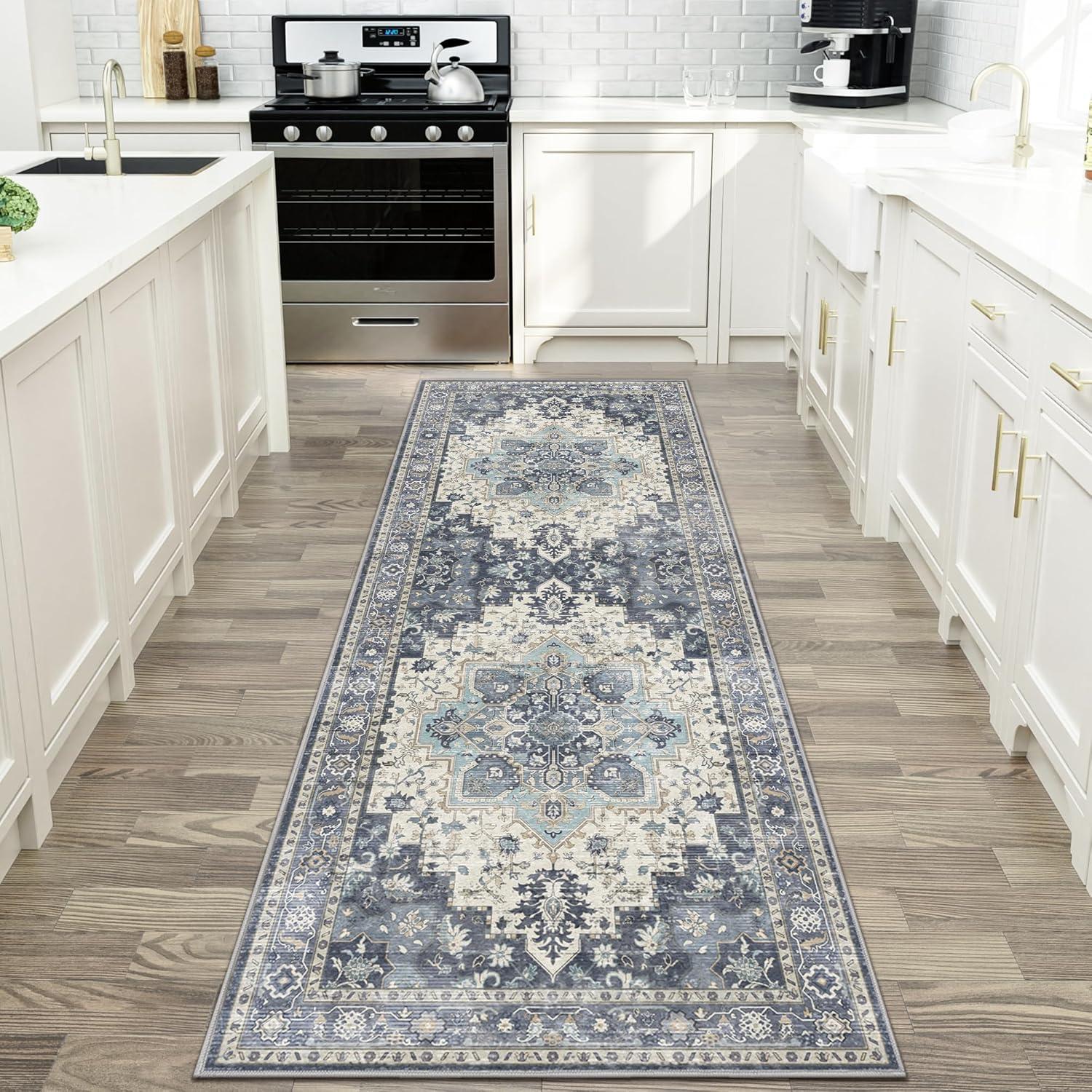 imageGENIMO 9x12 Area Rugs for Living Room Machine Washable Non Slip Rugs Low Pile Lightweight Print Rug for Bedroom Dining Room Home Office Vintage Brick RedCenter Blue