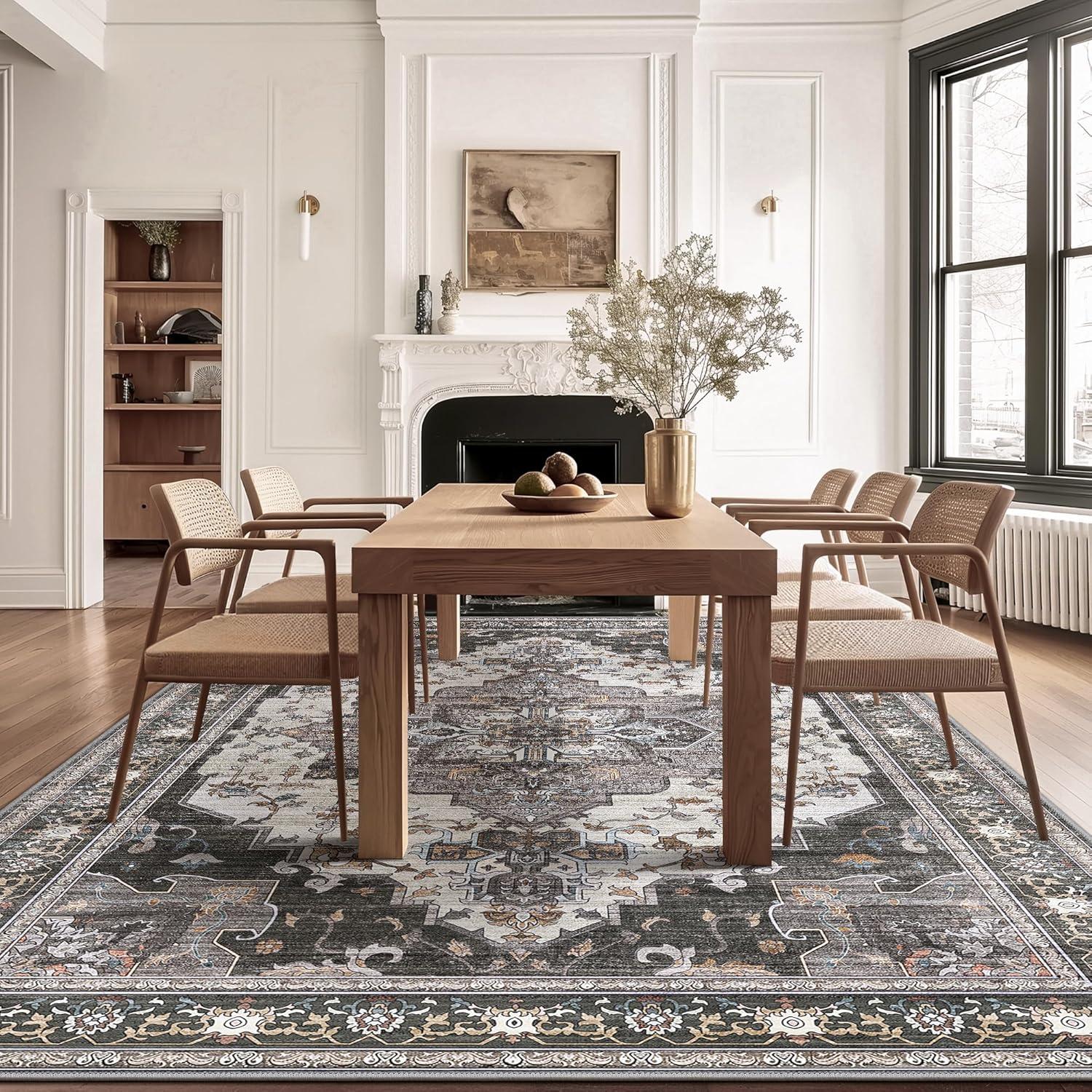 imageGENIMO 9x12 Area Rugs for Living Room Machine Washable Non Slip Rugs Low Pile Lightweight Print Rug for Bedroom Dining Room Home Office Vintage Brick RedSlate Gray