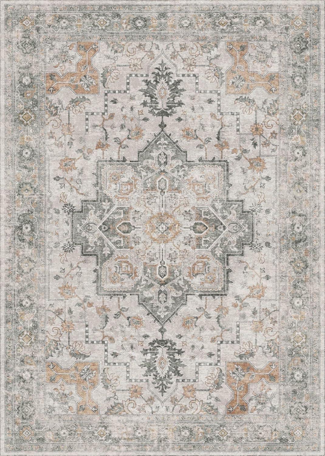 imageGENIMO 9x12 Area Rugs for Living Room Machine Washable Non Slip Rugs Low Pile Lightweight Print Rug for Bedroom Dining Room Home Office Vintage Brick RedTaupe