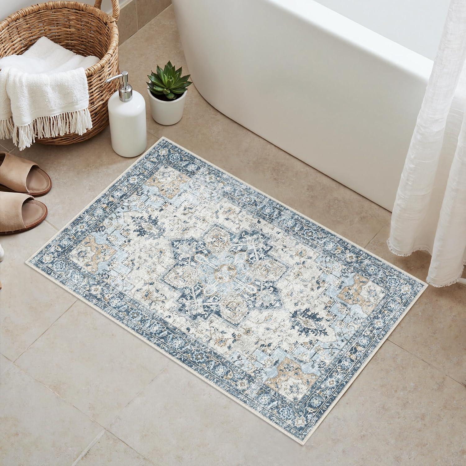 imageGENIMO 9x12 Area Rugs for Living Room Machine Washable Non Slip Rugs Low Pile Lightweight Print Rug for Bedroom Dining Room Home Office Vintage Brick RedBluegold