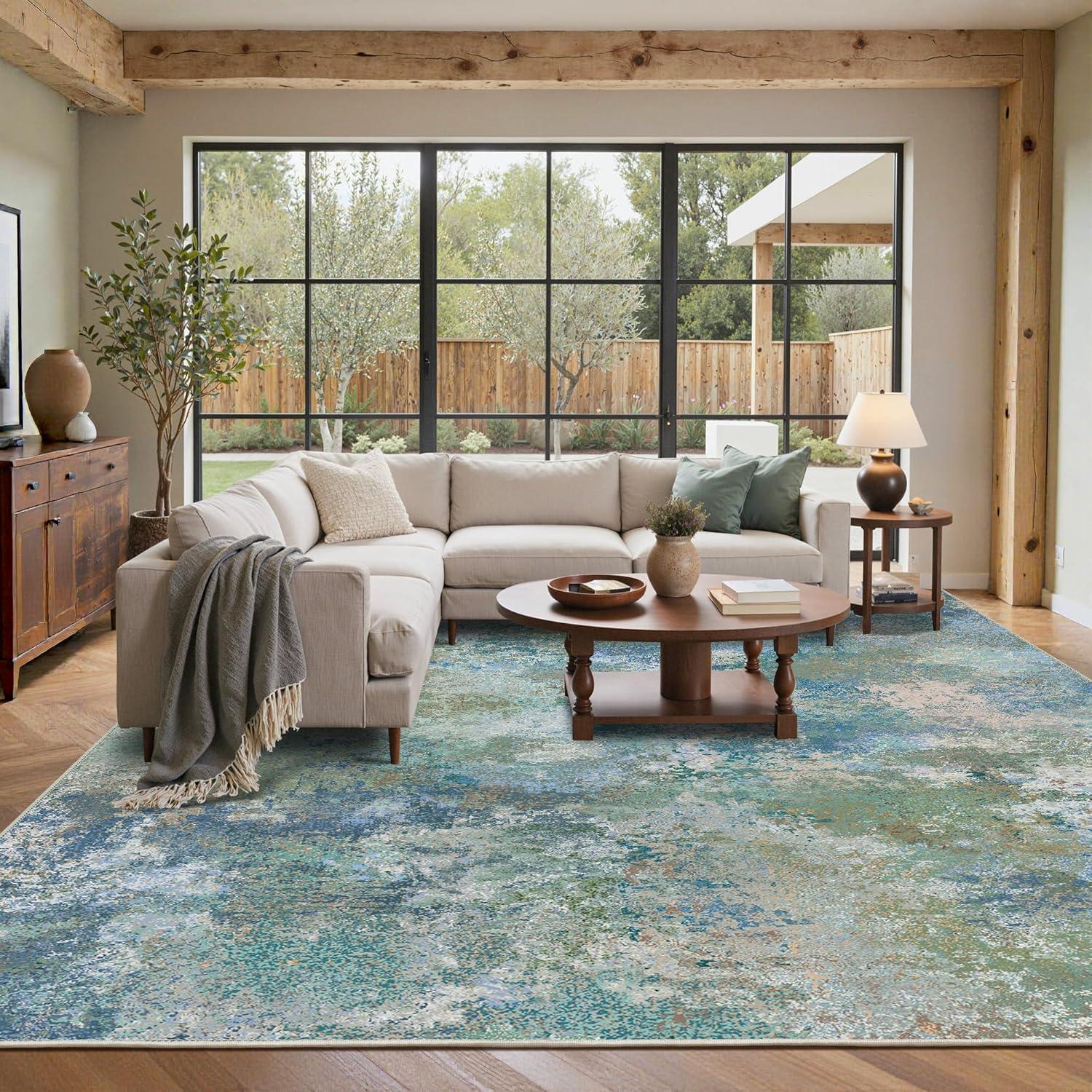 imageGENIMO 9x12 Area Rugs for Living Room Machine Washable Non Slip Rugs Low Pile Lightweight Print Rug for Bedroom Dining Room Home Office Vintage Brick RedAquamarineBlue Green