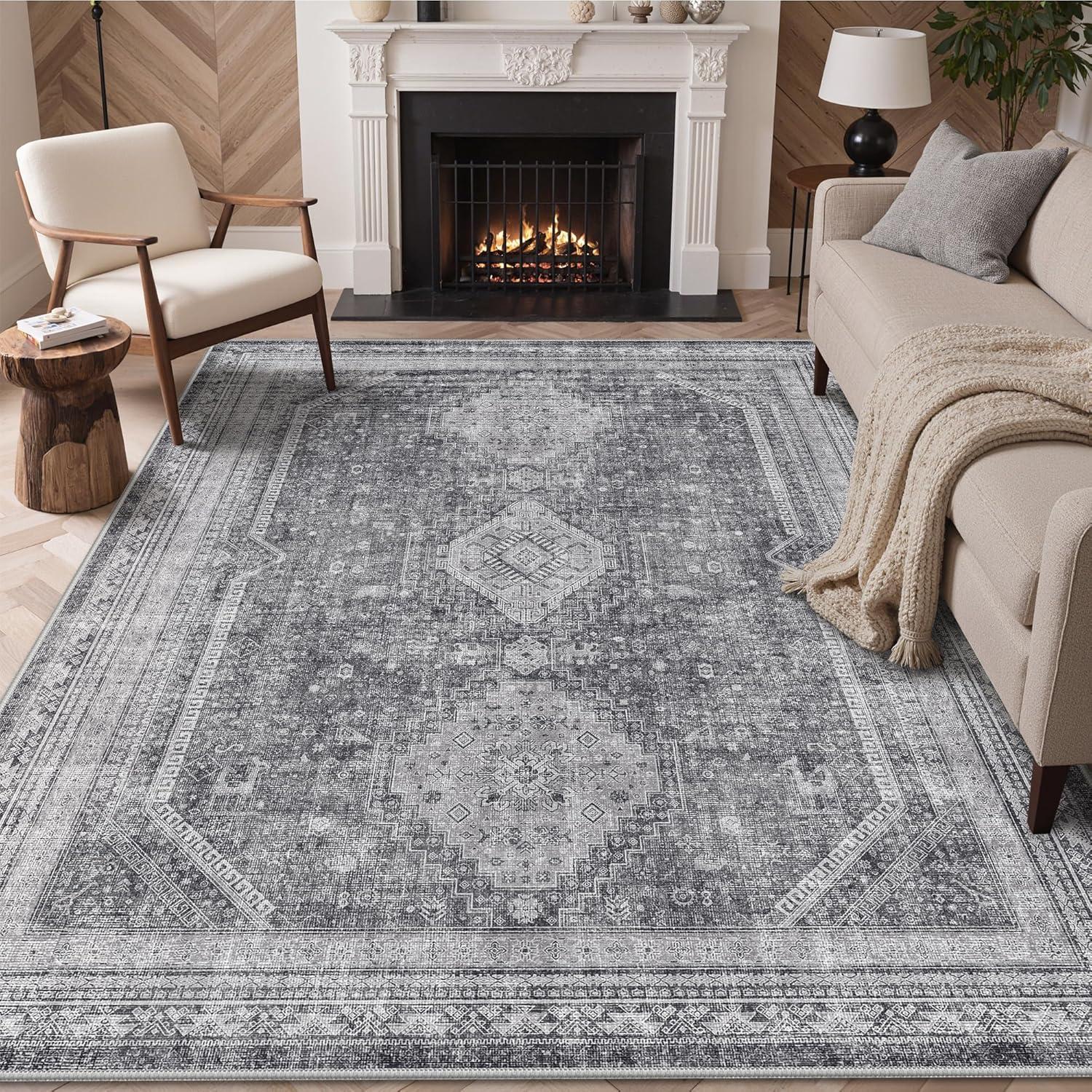 imageGENIMO 9x12 Area Rugs for Living Room Machine Washable Non Slip Rugs Low Pile Lightweight Print Rug for Bedroom Dining Room Home Office Vintage Brick RedArea Vintage Grey