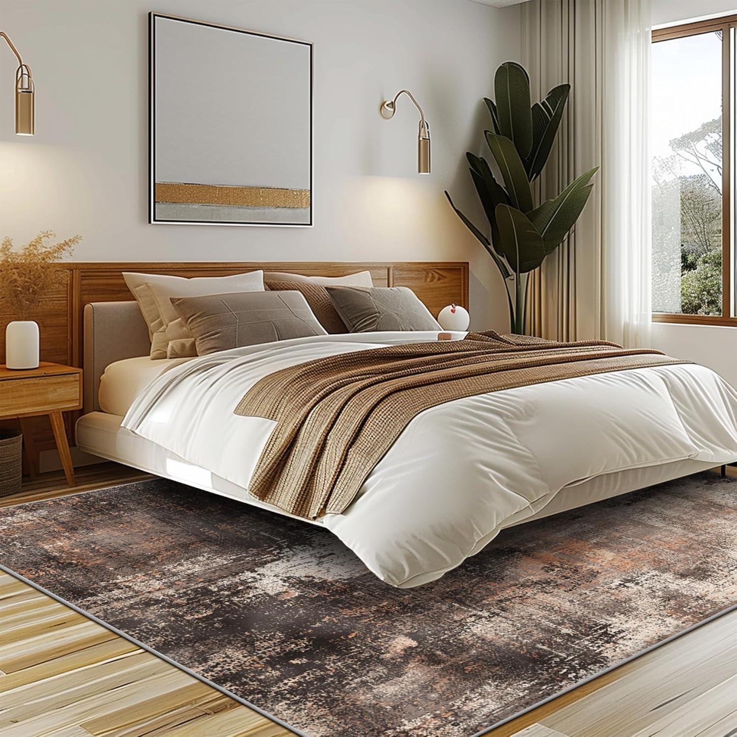 imageGENIMO 9x12 Area Rugs for Living Room Machine Washable Non Slip Rugs Low Pile Lightweight Print Rug for Bedroom Dining Room Home Office Vintage Brick RedBrown Orange