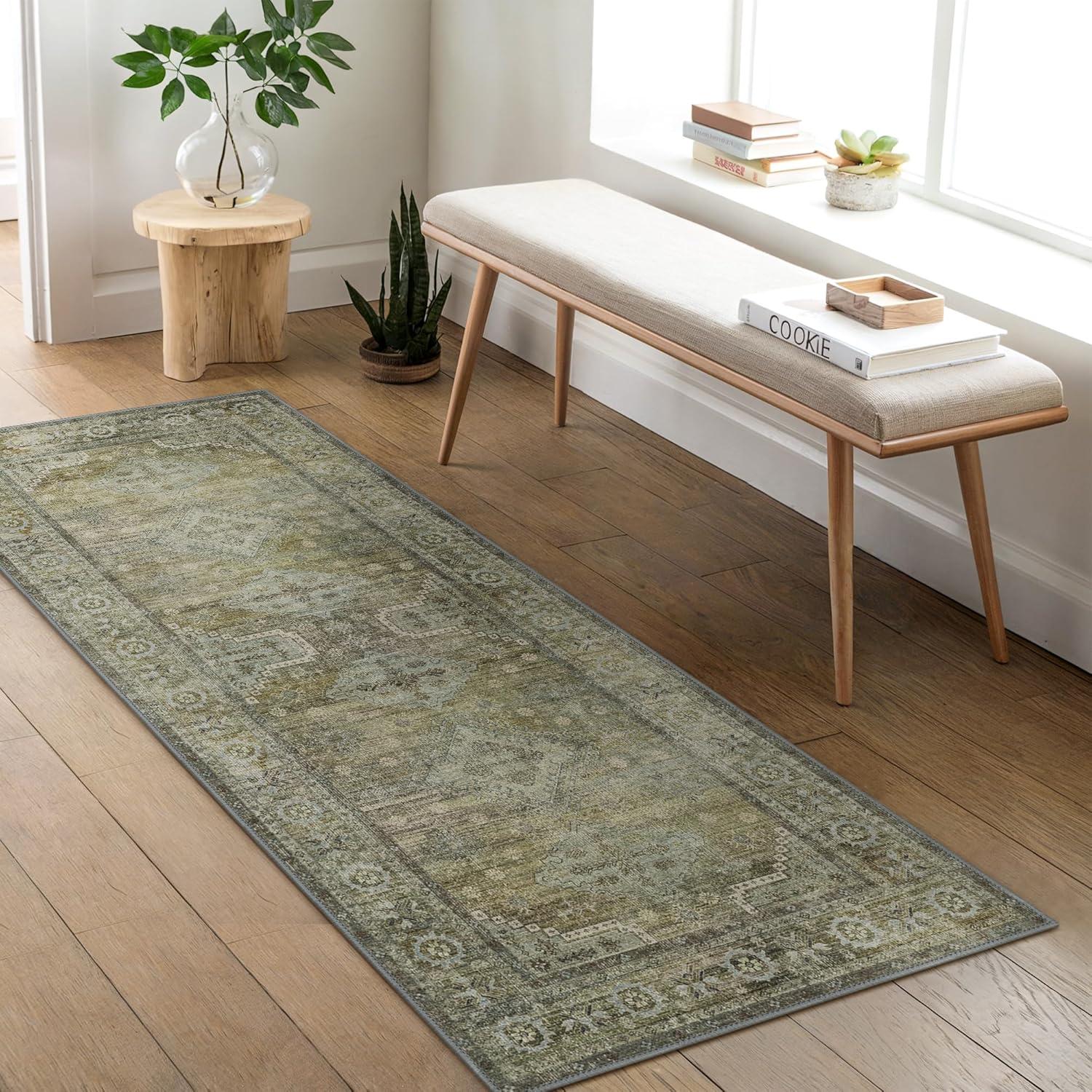imageGENIMO 9x12 Area Rugs for Living Room Machine Washable Non Slip Rugs Low Pile Lightweight Print Rug for Bedroom Dining Room Home Office Vintage Brick RedDistressed Sage