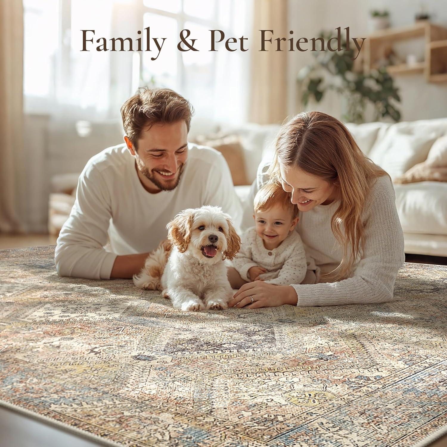 imageGENIMO 9x12 Area Rugs for Living Room Machine Washable Non Slip Rugs Low Pile Lightweight Print Rug for Bedroom Dining Room Home Office Vintage Brick RedWarm Brown