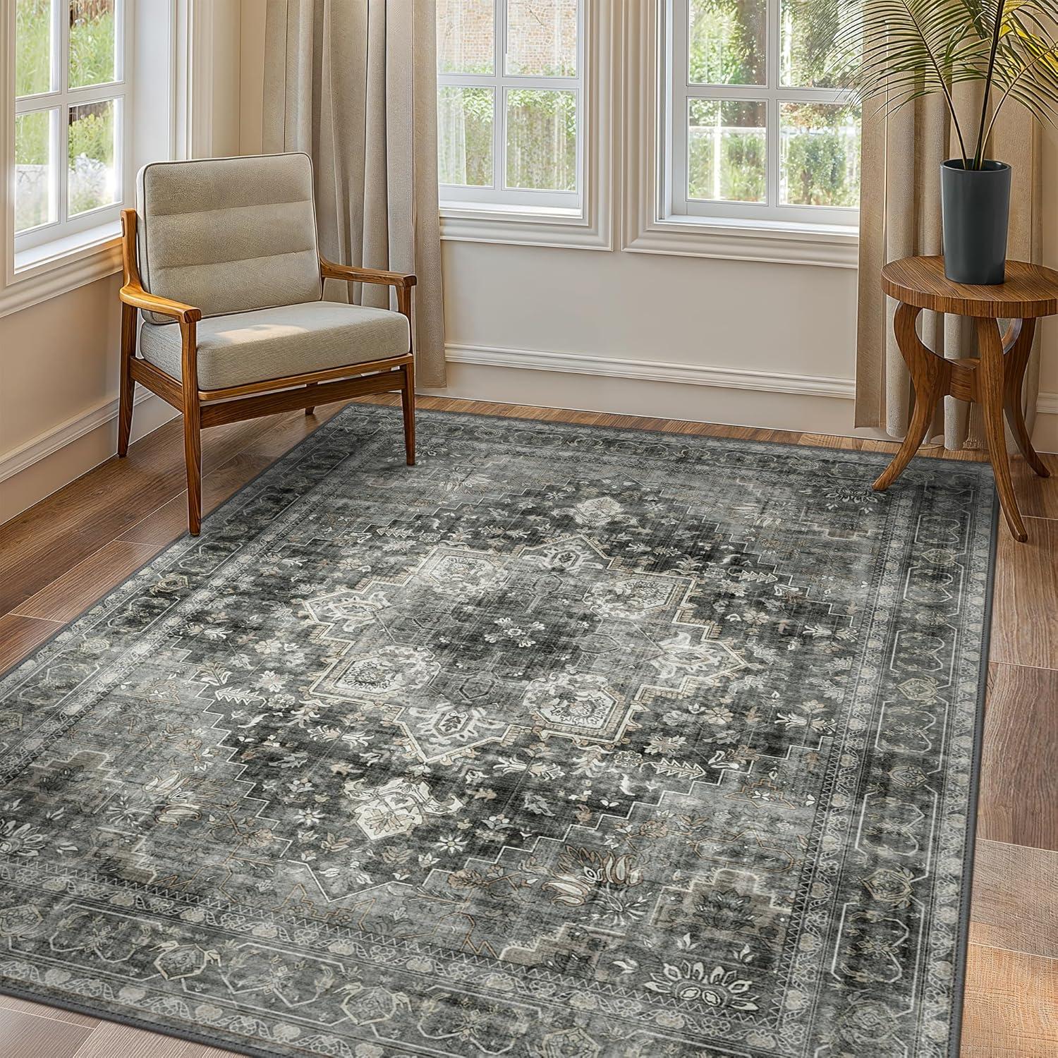 imageGENIMO 9x12 Area Rugs for Living Room Machine Washable Non Slip Rugs Low Pile Lightweight Print Rug for Bedroom Dining Room Home Office Vintage Brick RedCharcoal Gray