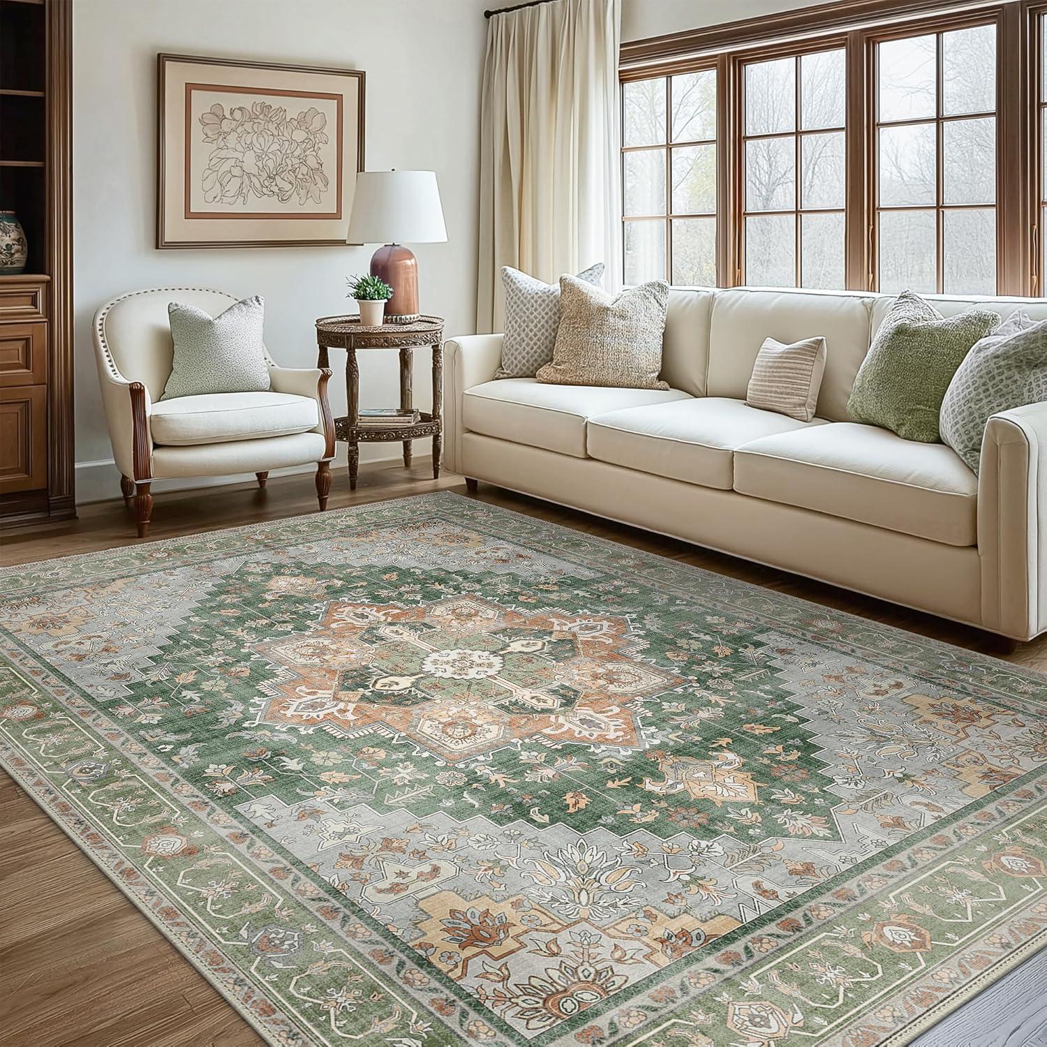 imageGENIMO 9x12 Area Rugs for Living Room Machine Washable Non Slip Rugs Low Pile Lightweight Print Rug for Bedroom Dining Room Home Office Vintage Brick RedSage Green