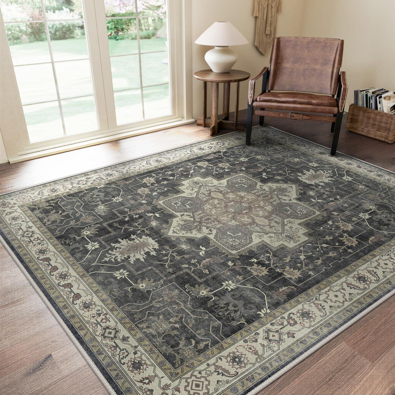 imageGENIMO 9x12 Area Rugs for Living Room Machine Washable Non Slip Rugs Low Pile Lightweight Print Rug for Bedroom Dining Room Home Office Vintage Brick RedMuted Charcoal Beige