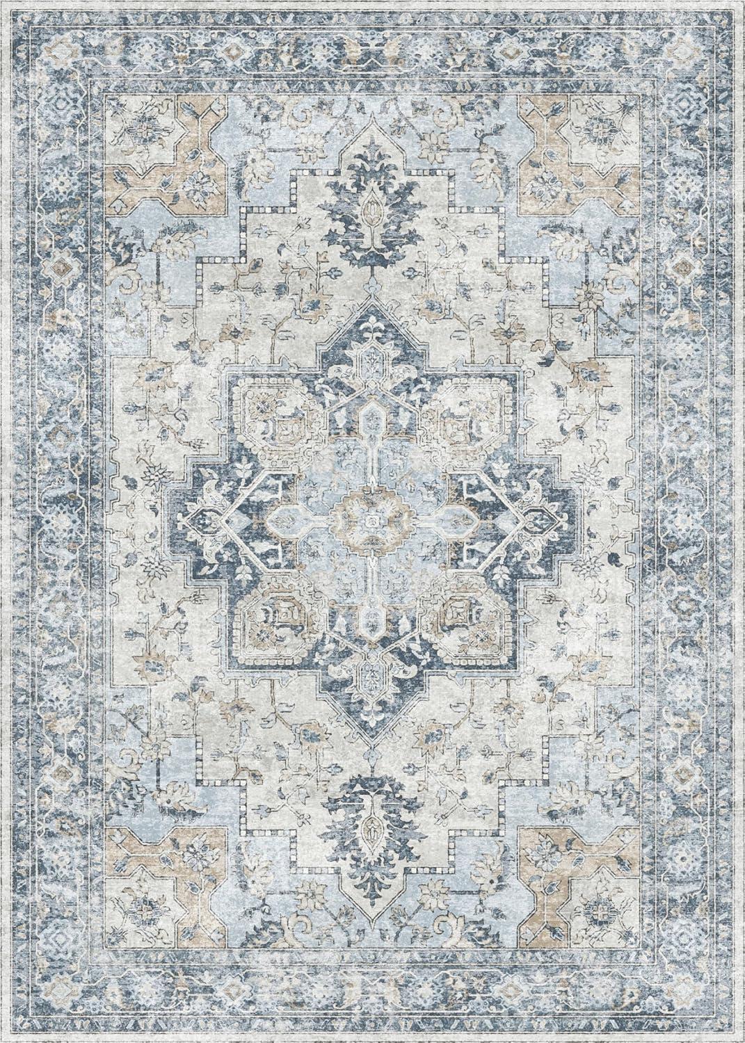imageGENIMO 9x12 Area Rugs for Living Room Machine Washable Non Slip Rugs Low Pile Lightweight Print Rug for Bedroom Dining Room Home Office Vintage Brick RedBluegold