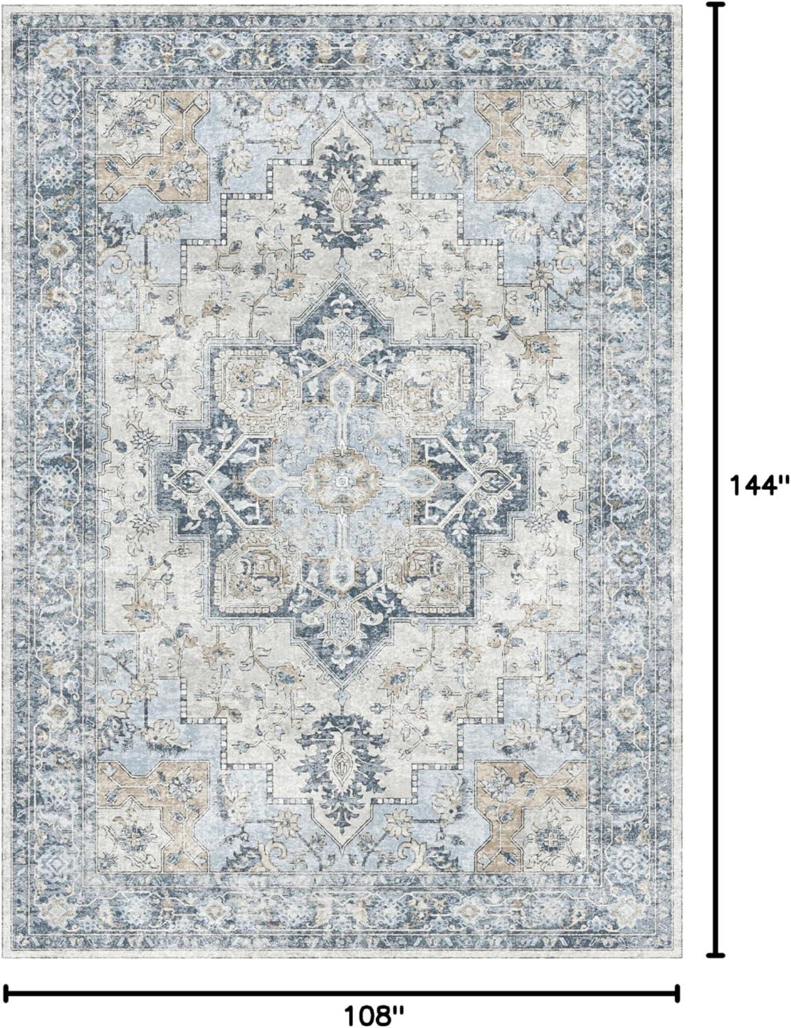 imageGENIMO 9x12 Area Rugs for Living Room Machine Washable Non Slip Rugs Low Pile Lightweight Print Rug for Bedroom Dining Room Home Office Vintage Brick RedBluegold