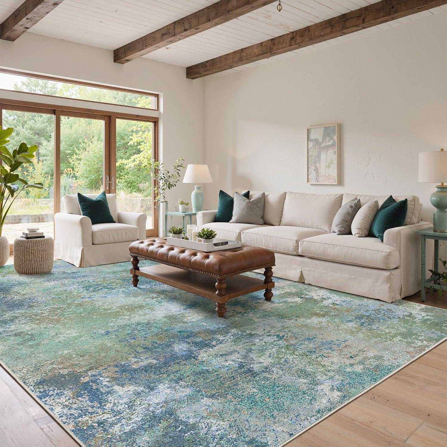 imageGENIMO 9x12 Area Rugs for Living Room Machine Washable Non Slip Rugs Low Pile Lightweight Print Rug for Bedroom Dining Room Home Office Vintage Brick RedAquamarineBlue Green