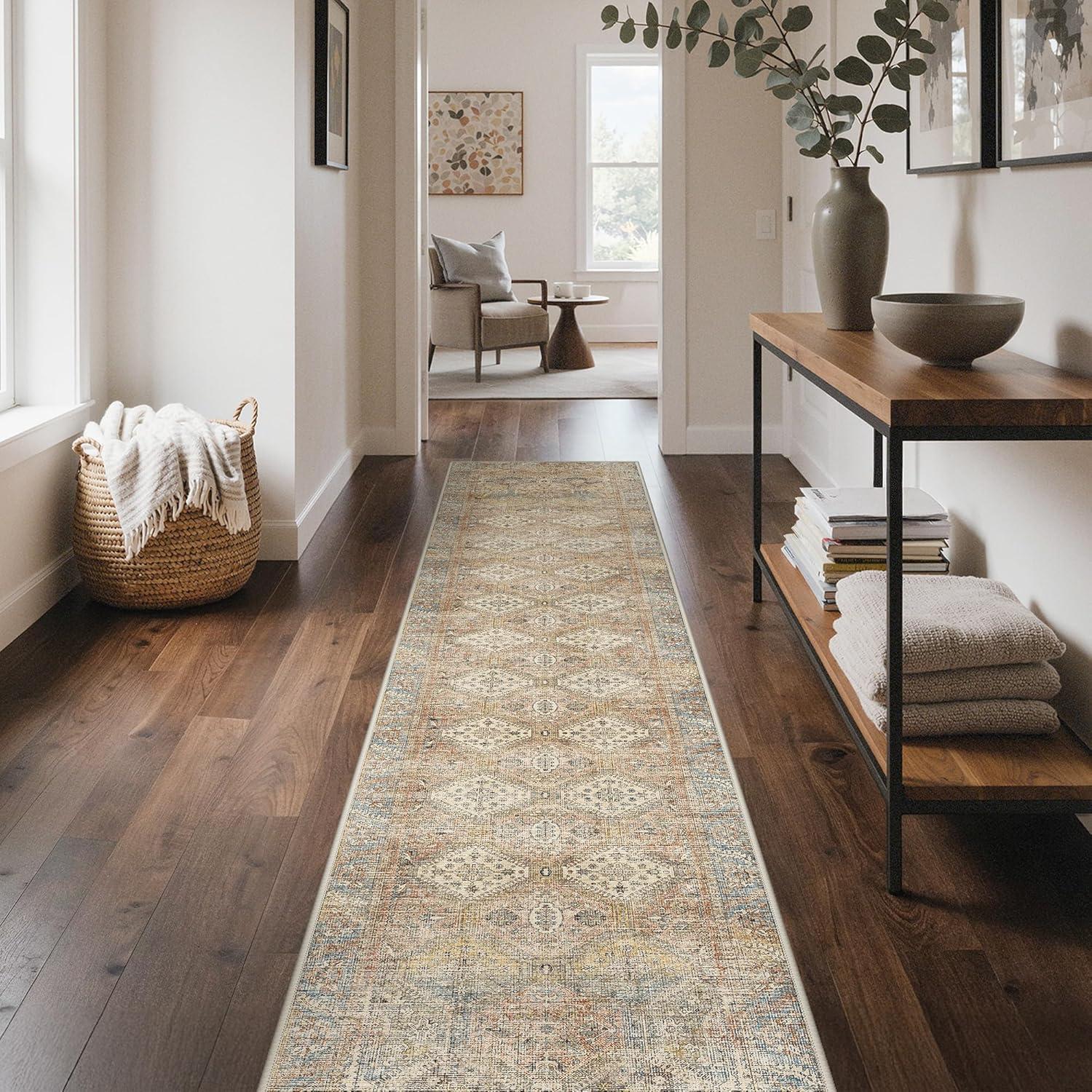 imageGENIMO 9x12 Area Rugs for Living Room Machine Washable Non Slip Rugs Low Pile Lightweight Print Rug for Bedroom Dining Room Home Office Vintage Brick RedWarm Brown