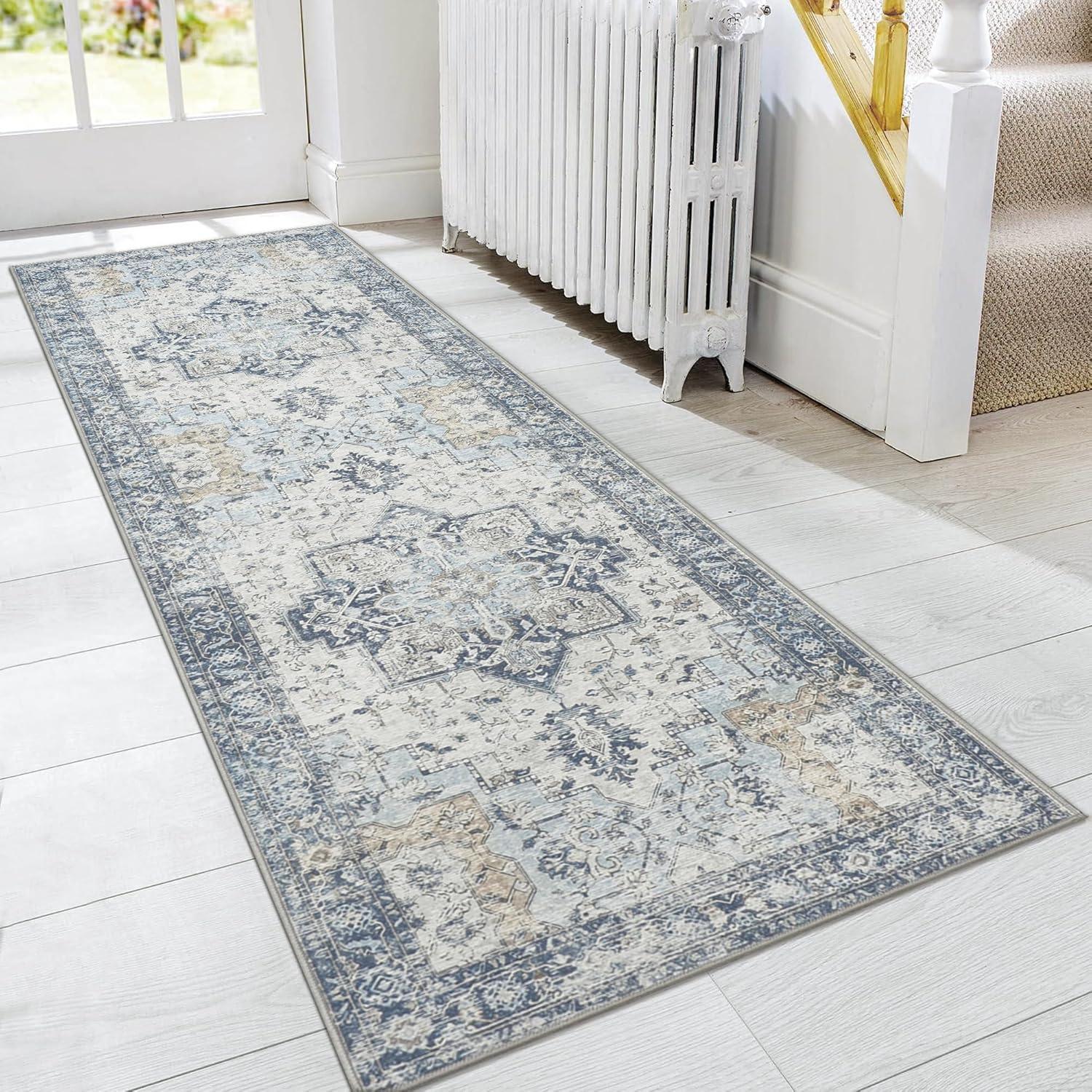 imageGENIMO 9x12 Area Rugs for Living Room Machine Washable Non Slip Rugs Low Pile Lightweight Print Rug for Bedroom Dining Room Home Office Vintage Brick RedBluegold