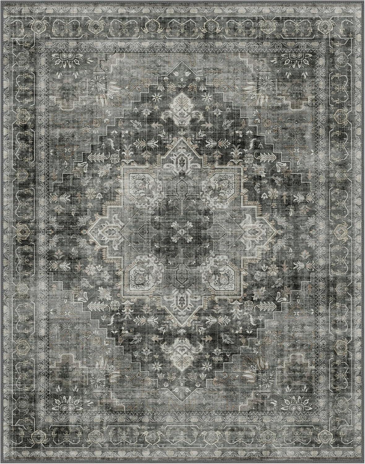 imageGENIMO 9x12 Area Rugs for Living Room Machine Washable Non Slip Rugs Low Pile Lightweight Print Rug for Bedroom Dining Room Home Office Vintage Brick RedCharcoal Gray