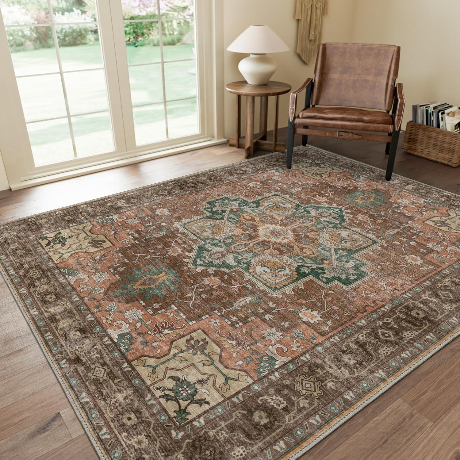 imageGENIMO 9x12 Area Rugs for Living Room Machine Washable Non Slip Rugs Low Pile Lightweight Print Rug for Bedroom Dining Room Home Office Vintage Brick RedRosewood
