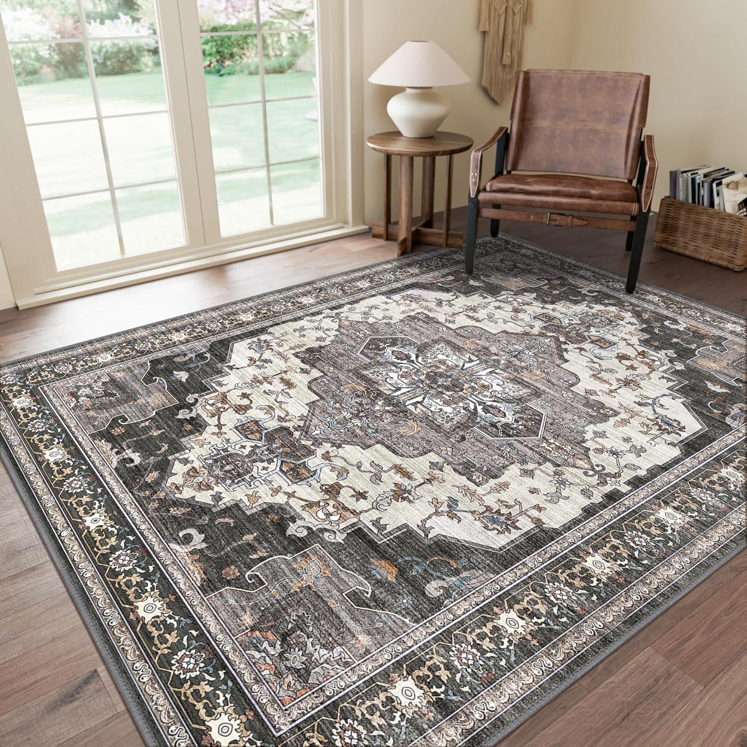 imageGENIMO 9x12 Area Rugs for Living Room Machine Washable Non Slip Rugs Low Pile Lightweight Print Rug for Bedroom Dining Room Home Office Vintage Brick RedSlate Gray