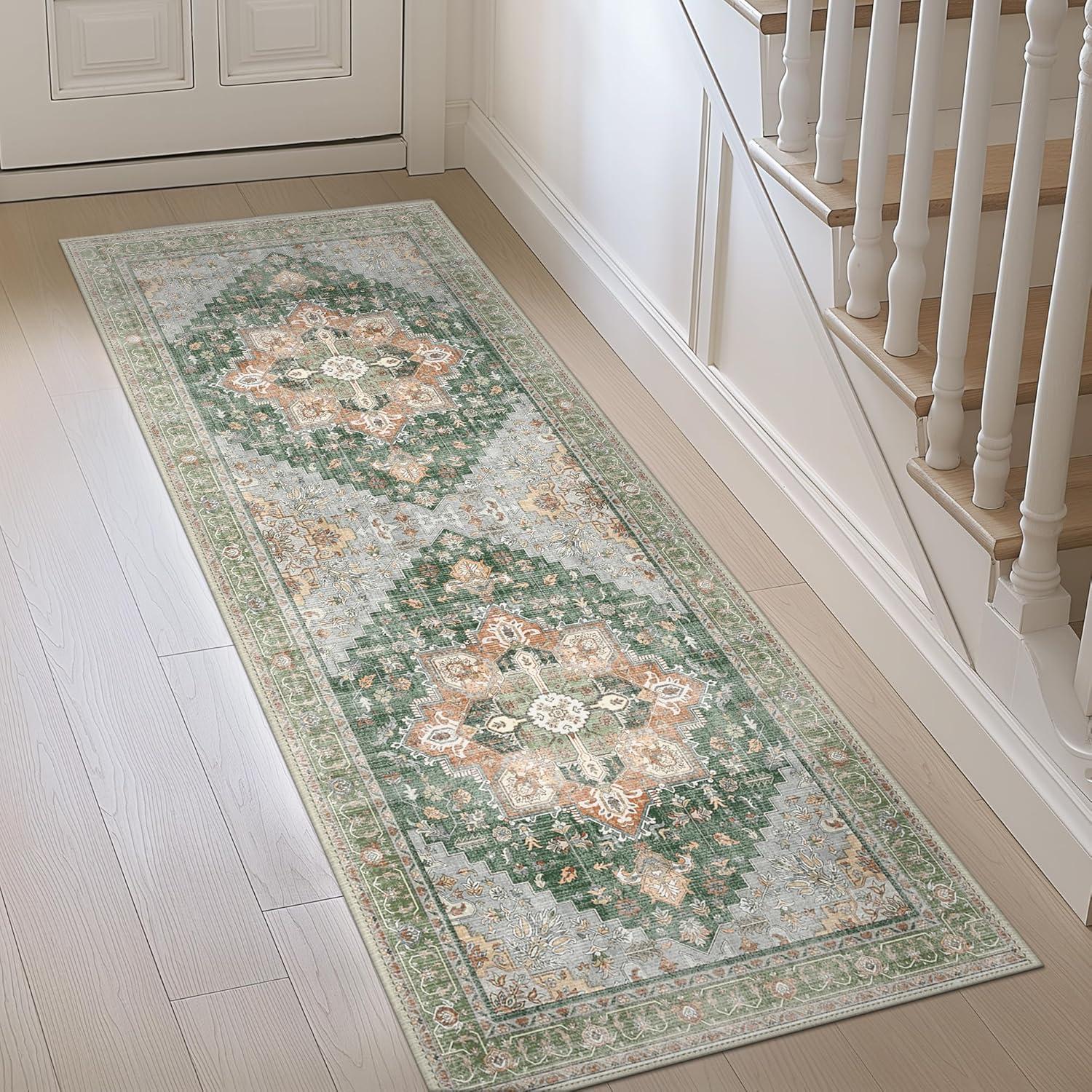 imageGENIMO 9x12 Area Rugs for Living Room Machine Washable Non Slip Rugs Low Pile Lightweight Print Rug for Bedroom Dining Room Home Office Vintage Brick RedSage Green
