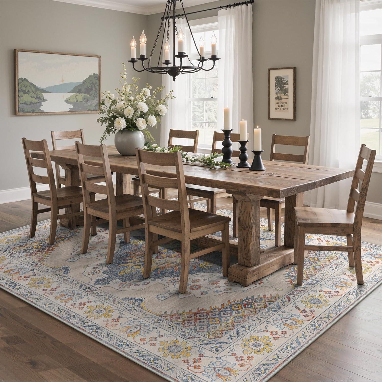 imageGENIMO 9x12 Area Rugs for Living Room Machine Washable Non Slip Rugs Low Pile Lightweight Print Rug for Bedroom Dining Room Home Office Vintage Brick RedCreamCenter Blue