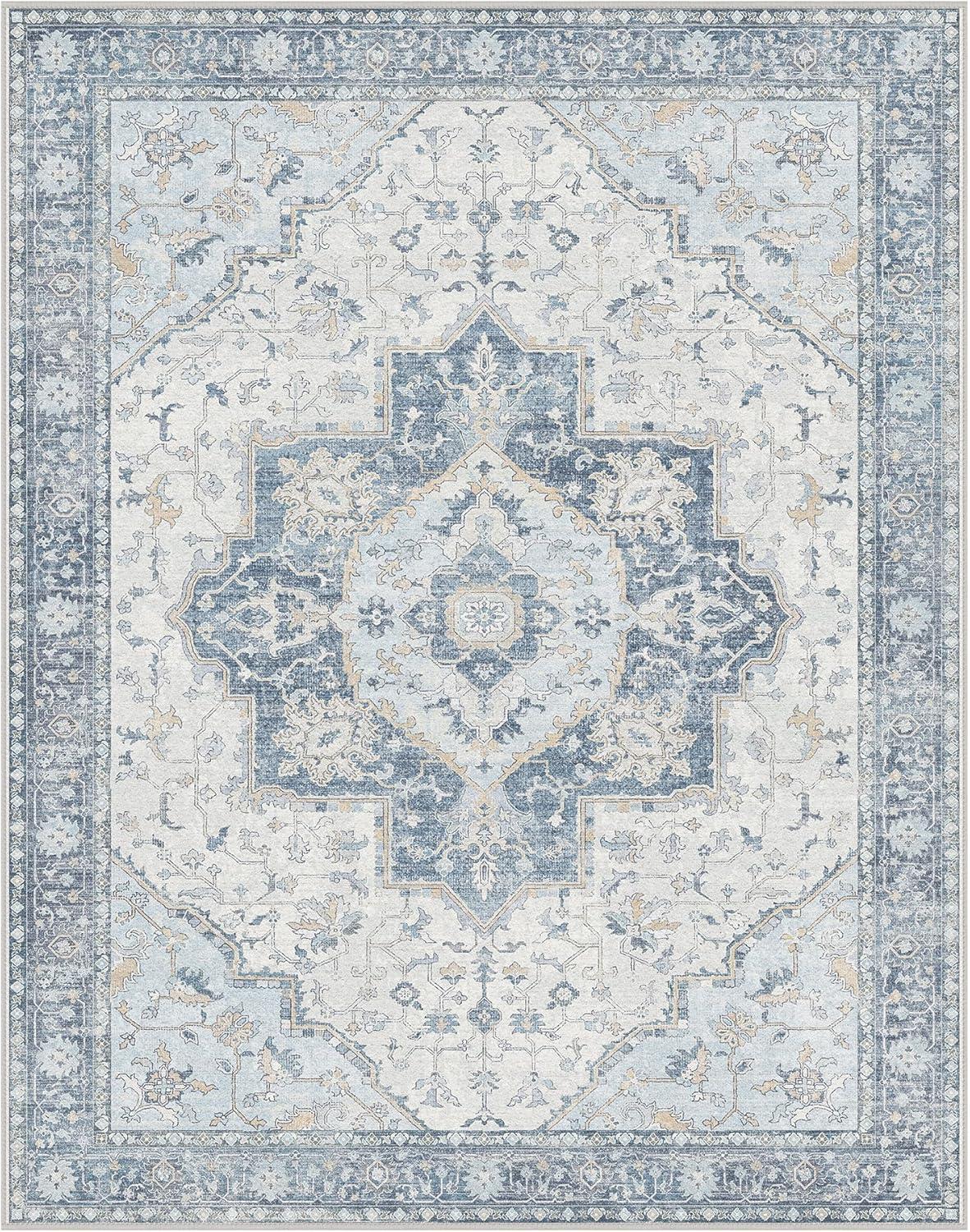 imageGENIMO 9x12 Area Rugs for Living Room Machine Washable Non Slip Rugs Low Pile Lightweight Print Rug for Bedroom Dining Room Home Office Vintage Brick RedLight Blue