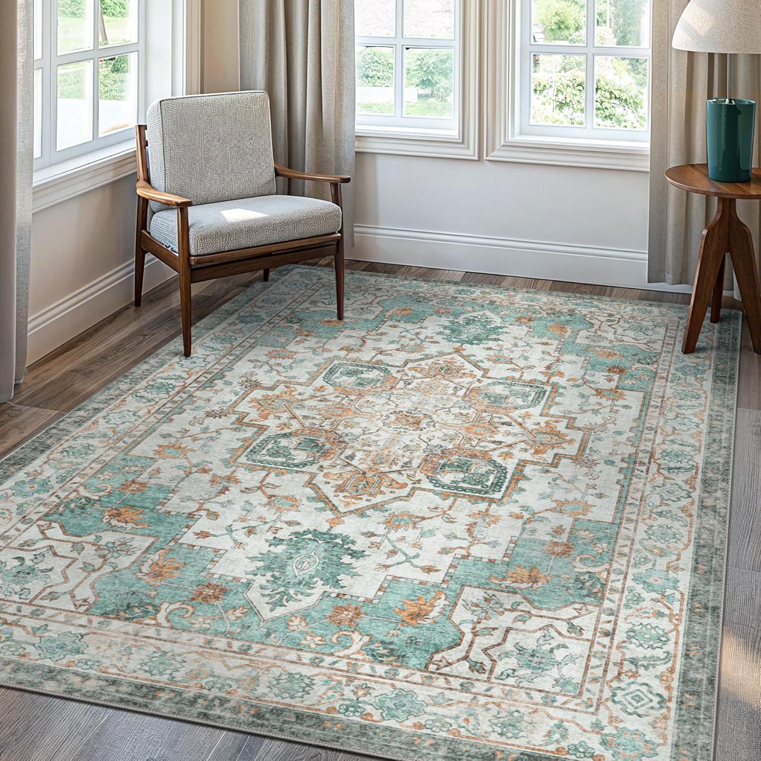 imageGENIMO 9x12 Area Rugs for Living Room Machine Washable Non Slip Rugs Low Pile Lightweight Print Rug for Bedroom Dining Room Home Office Vintage Brick RedCyan
