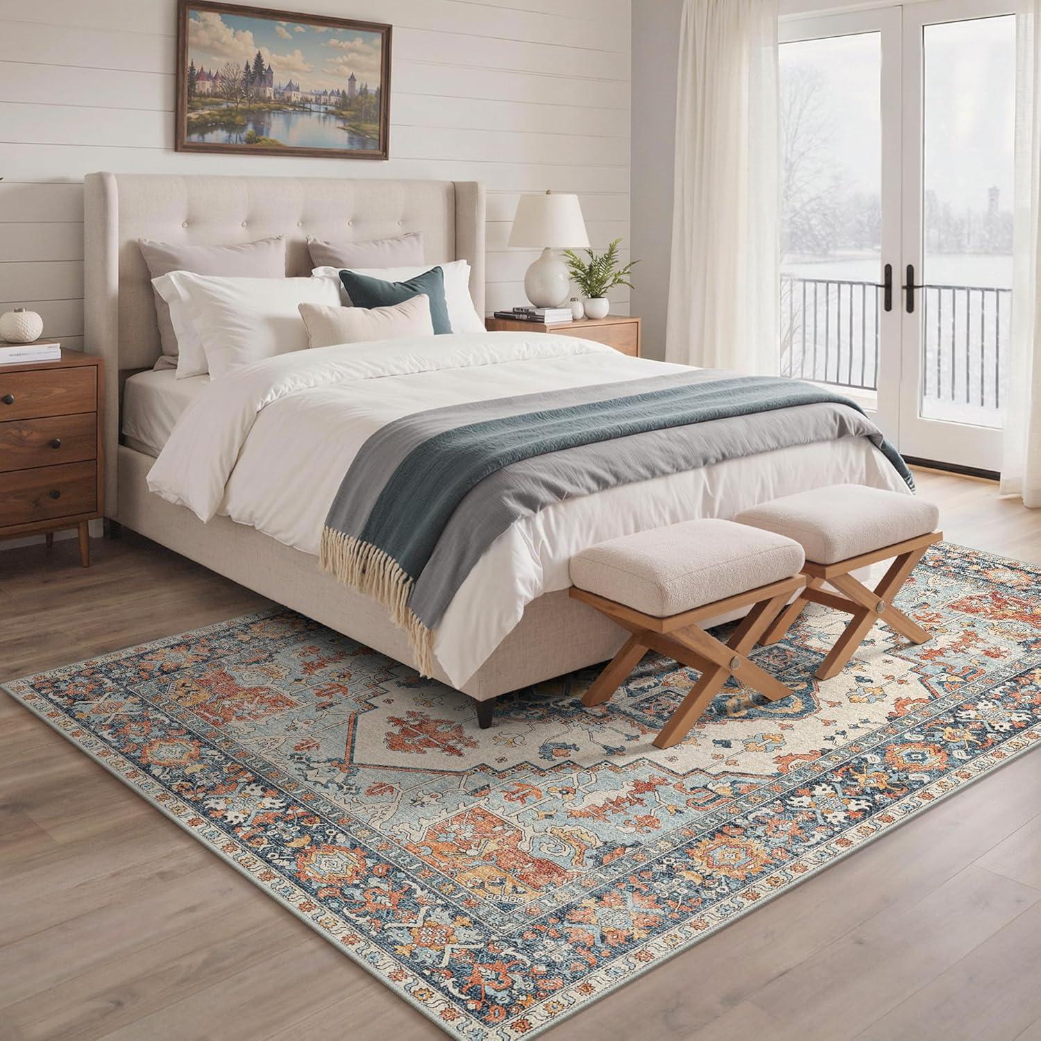 imageGENIMO 9x12 Area Rugs for Living Room Machine Washable Non Slip Rugs Low Pile Lightweight Print Rug for Bedroom Dining Room Home Office Vintage Brick RedVintage BlueAmber
