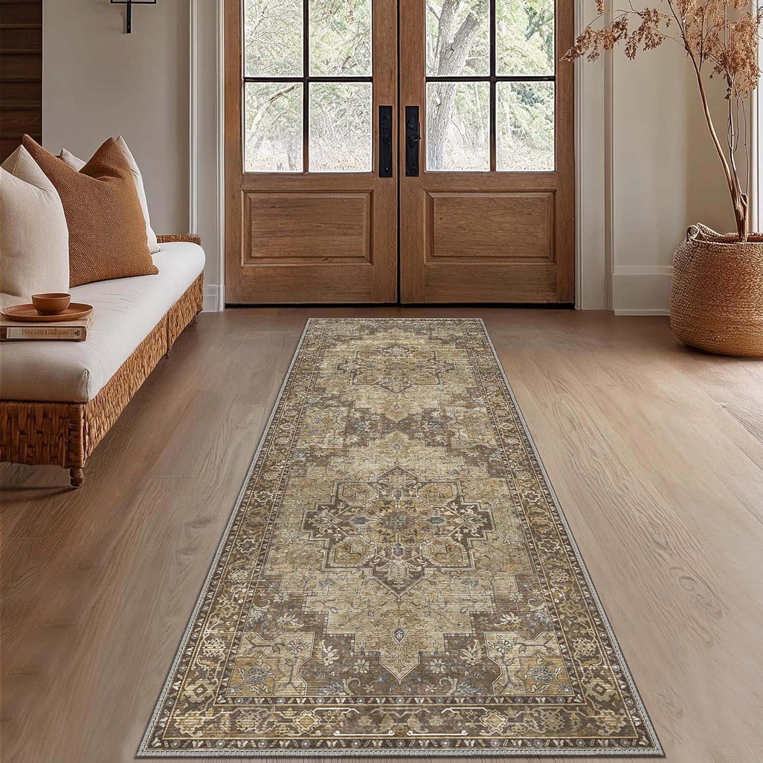 imageGENIMO 9x12 Area Rugs for Living Room Machine Washable Non Slip Rugs Low Pile Lightweight Print Rug for Bedroom Dining Room Home Office Vintage Brick RedRustic Brown