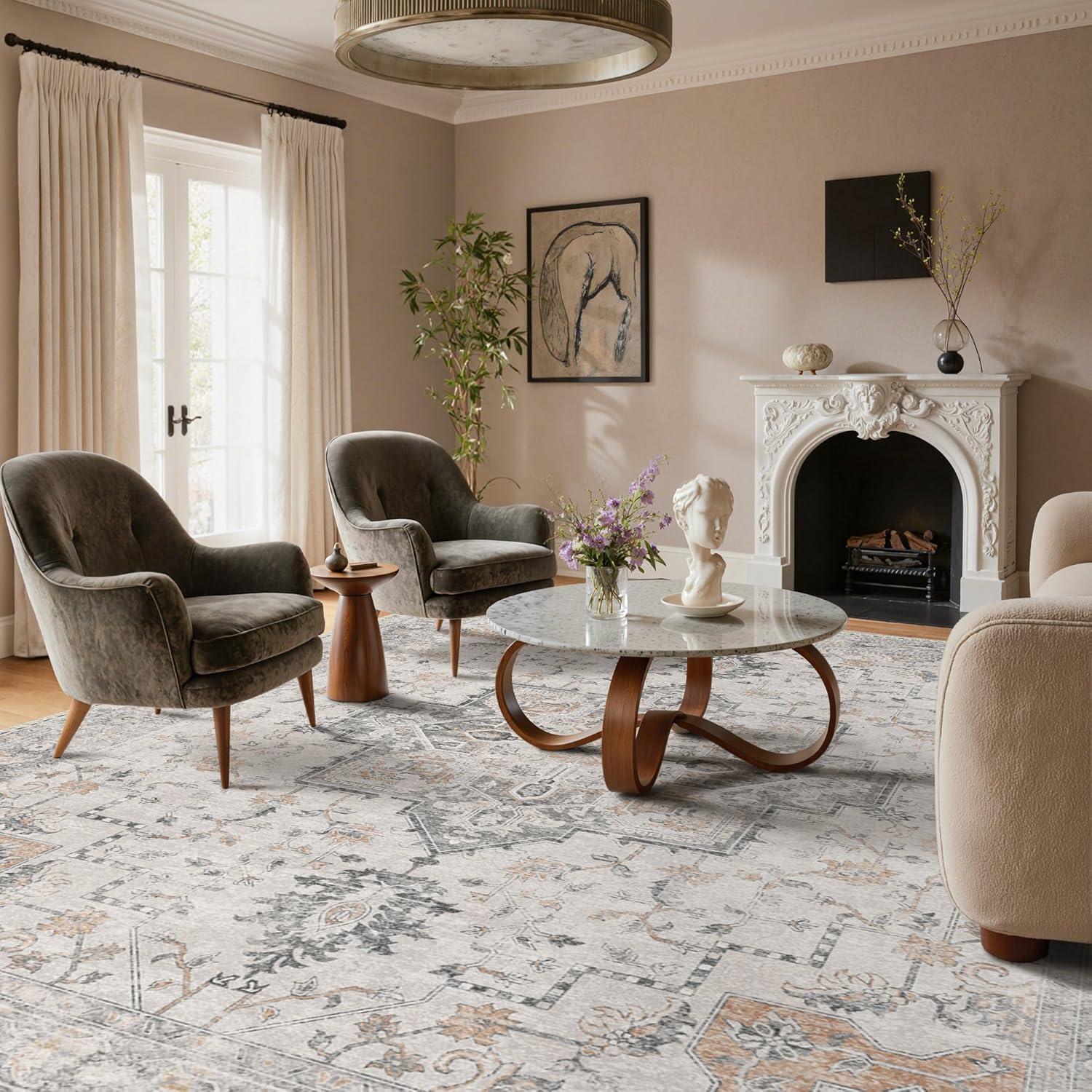 imageGENIMO 9x12 Area Rugs for Living Room Machine Washable Non Slip Rugs Low Pile Lightweight Print Rug for Bedroom Dining Room Home Office Vintage Brick RedTaupe