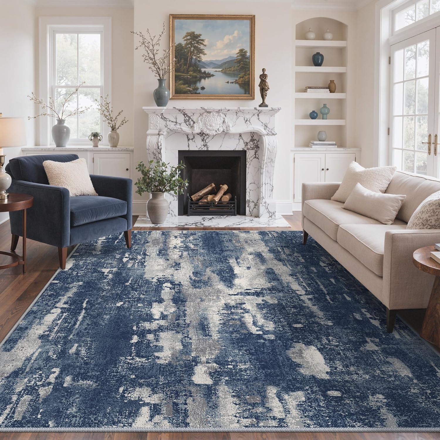 imageGENIMO 9x12 Area Rugs for Living Room Machine Washable Non Slip Rugs Low Pile Lightweight Print Rug for Bedroom Dining Room Home Office Vintage Brick RedDistressed BlueGrey