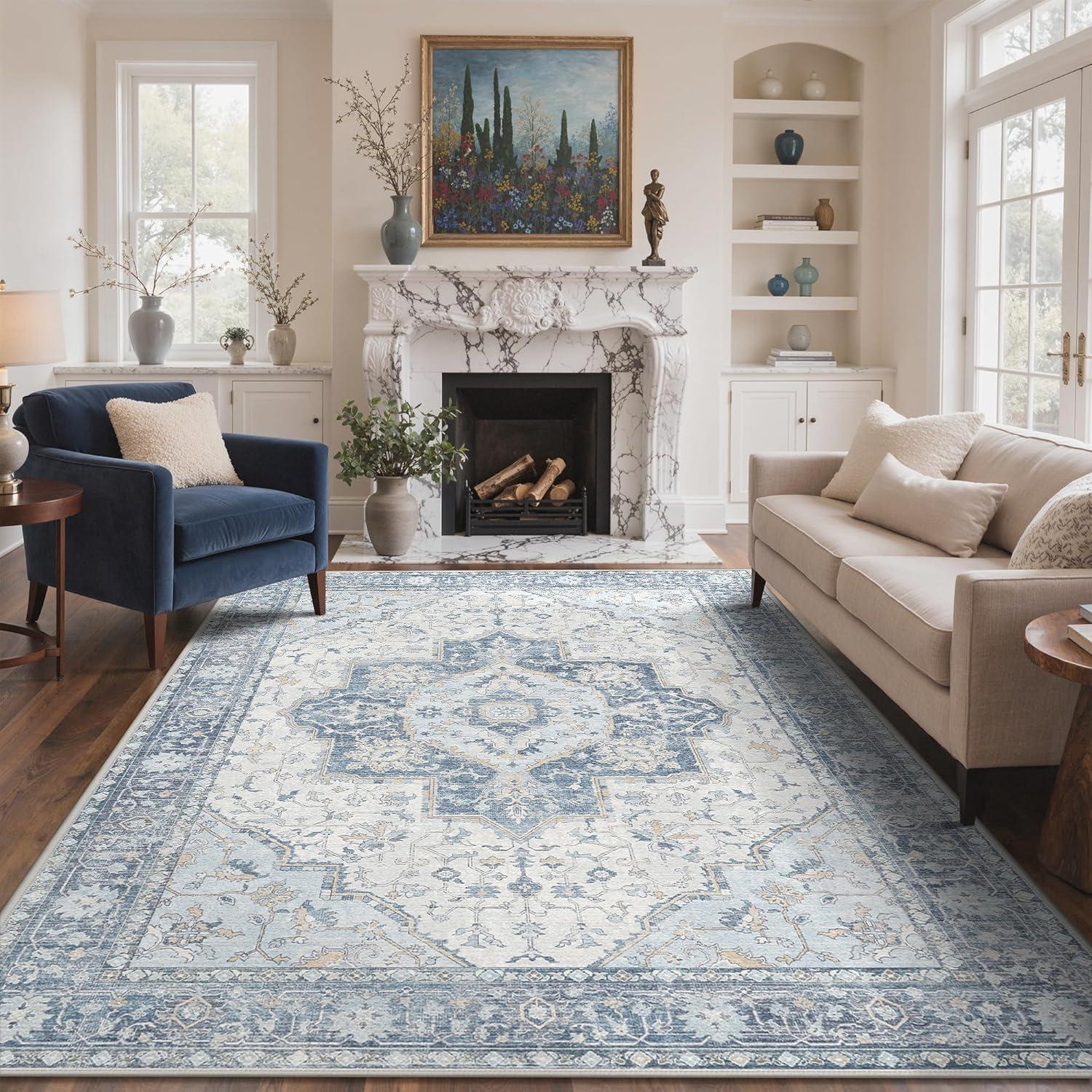 imageGENIMO 9x12 Area Rugs for Living Room Machine Washable Non Slip Rugs Low Pile Lightweight Print Rug for Bedroom Dining Room Home Office Vintage Brick RedLight Blue