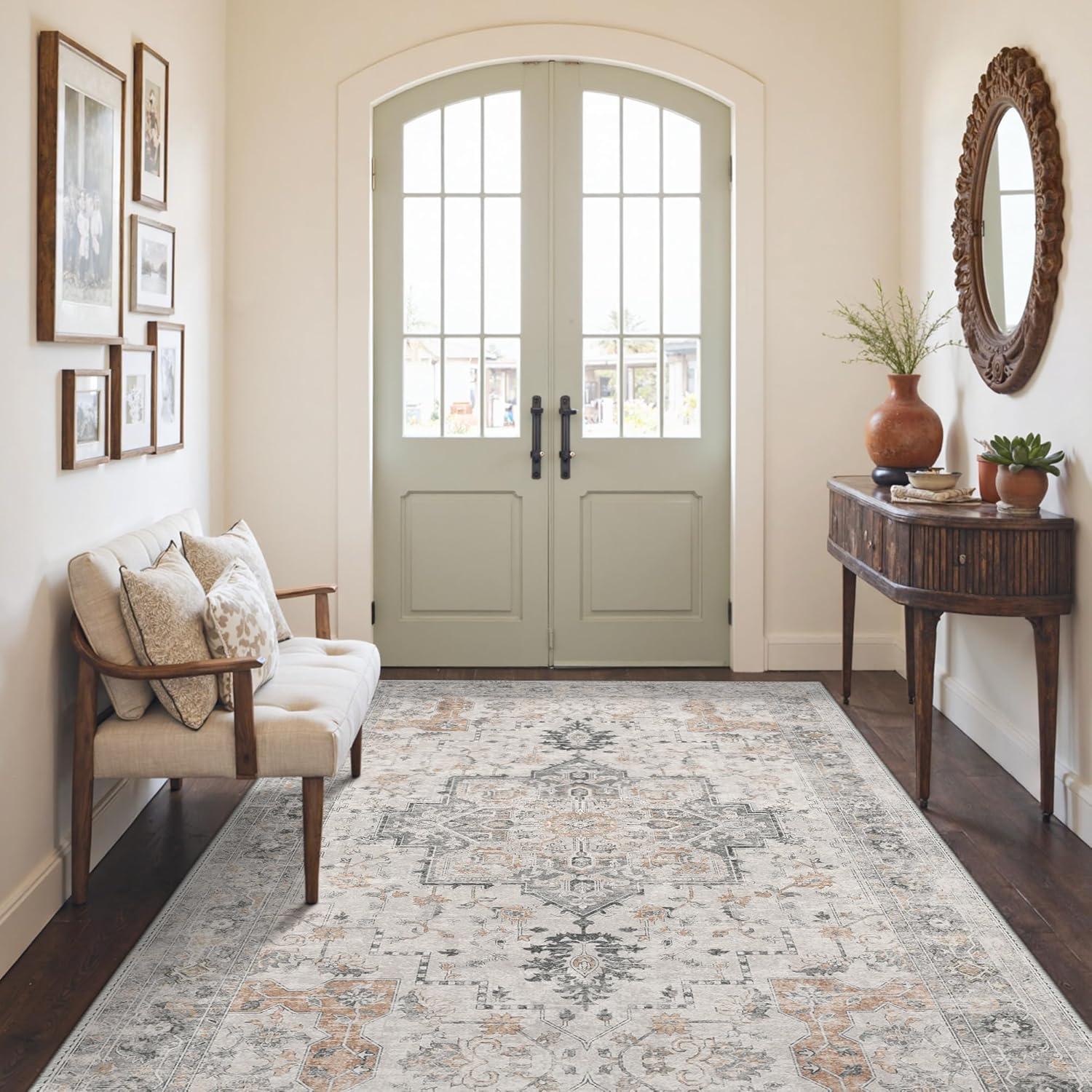 imageGENIMO 9x12 Area Rugs for Living Room Machine Washable Non Slip Rugs Low Pile Lightweight Print Rug for Bedroom Dining Room Home Office Vintage Brick RedTaupe