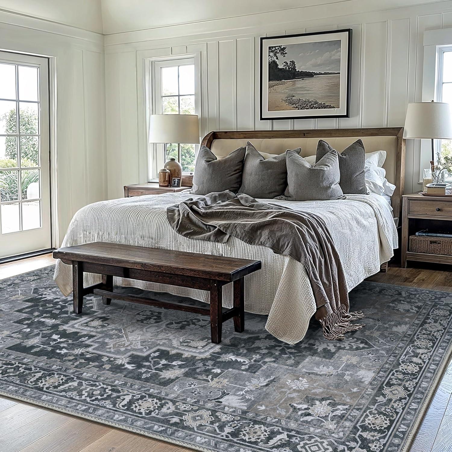 imageGENIMO 9x12 Area Rugs for Living Room Machine Washable Non Slip Rugs Low Pile Lightweight Print Rug for Bedroom Dining Room Home Office Vintage Brick RedDark Gray
