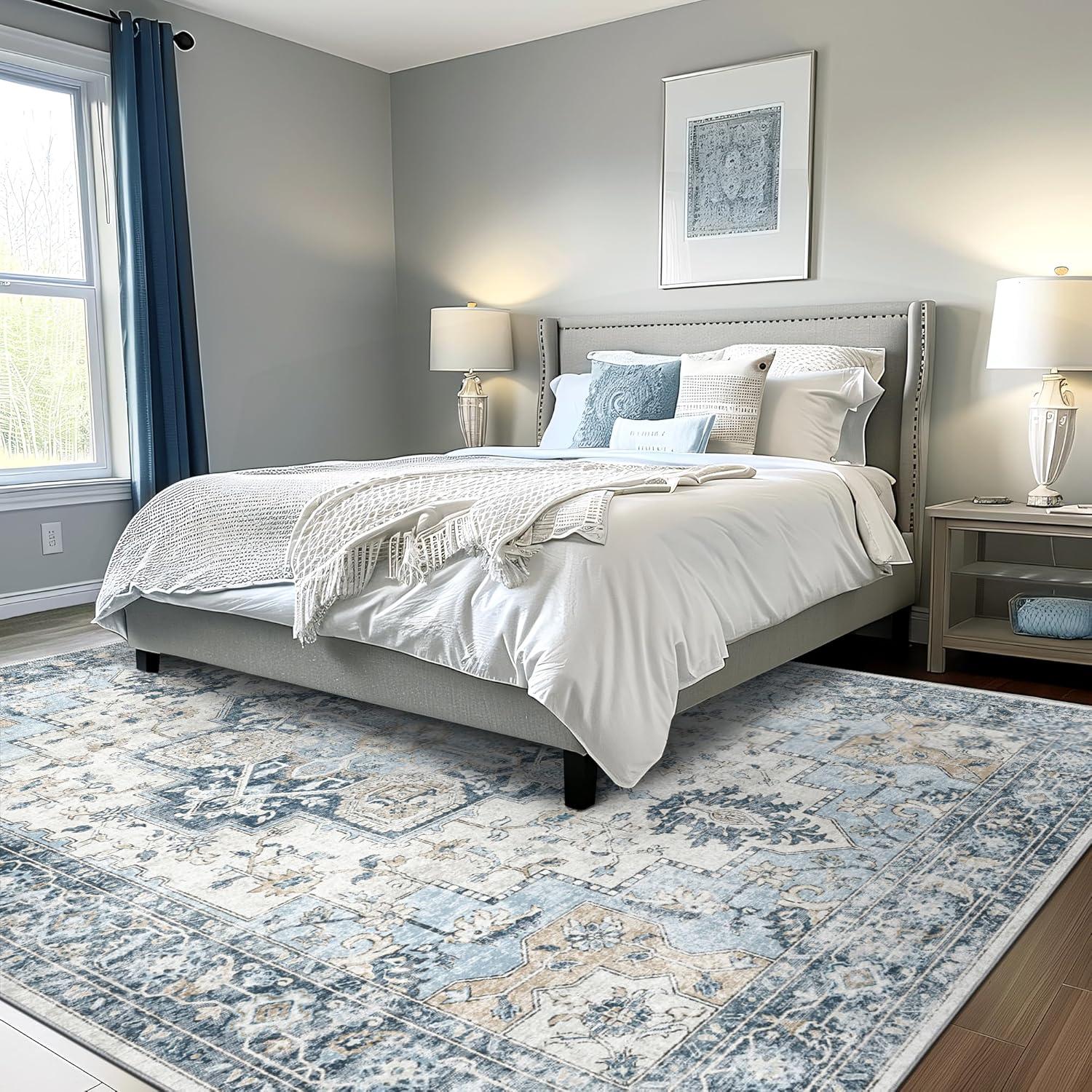 imageGENIMO 9x12 Area Rugs for Living Room Machine Washable Non Slip Rugs Low Pile Lightweight Print Rug for Bedroom Dining Room Home Office Vintage Brick RedBluegold