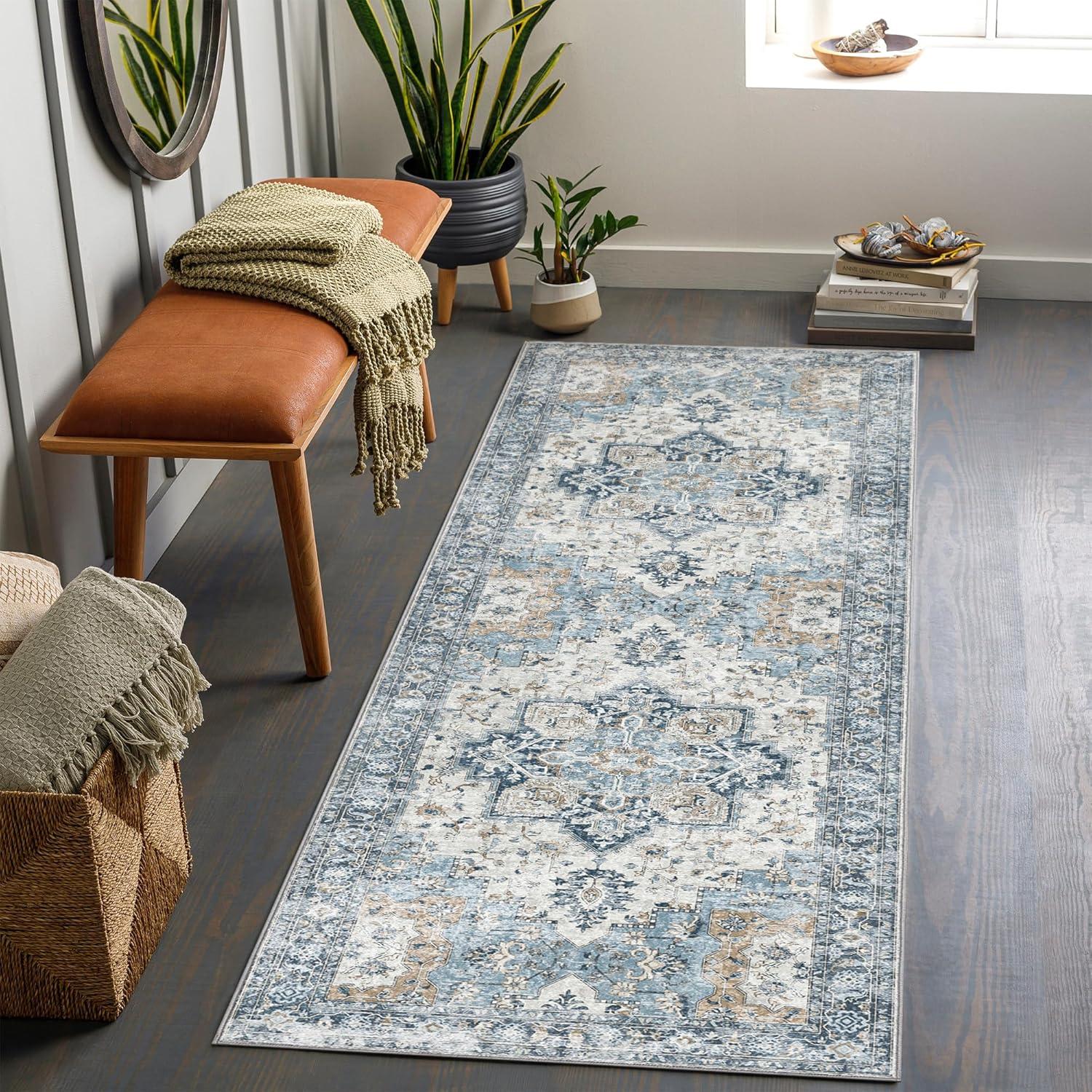 imageGENIMO 9x12 Area Rugs for Living Room Machine Washable Non Slip Rugs Low Pile Lightweight Print Rug for Bedroom Dining Room Home Office Vintage Brick RedBluegold