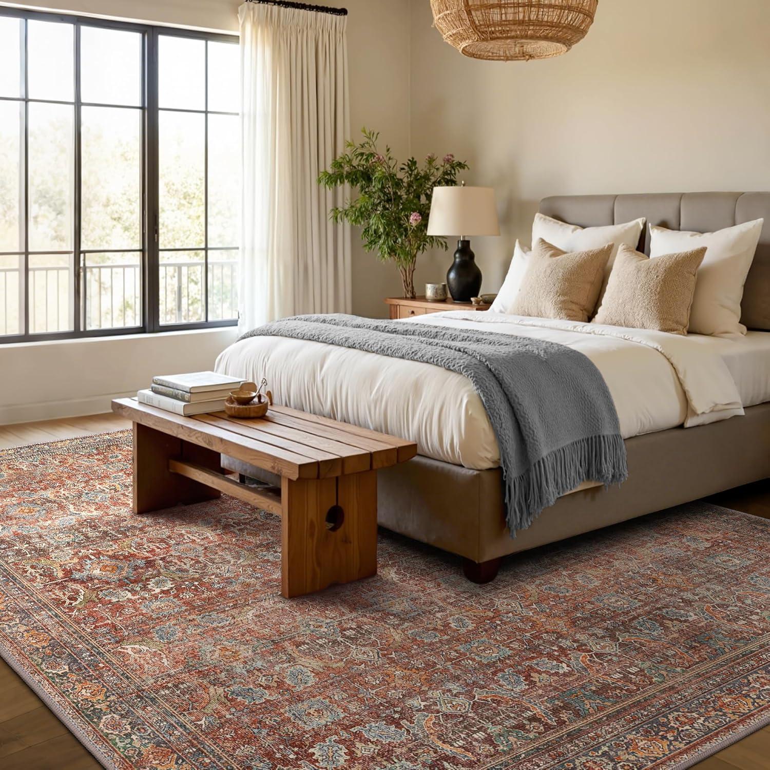 imageGENIMO 9x12 Area Rugs for Living Room Machine Washable Non Slip Rugs Low Pile Lightweight Print Rug for Bedroom Dining Room Home Office Vintage Brick RedTerracotta Indigo