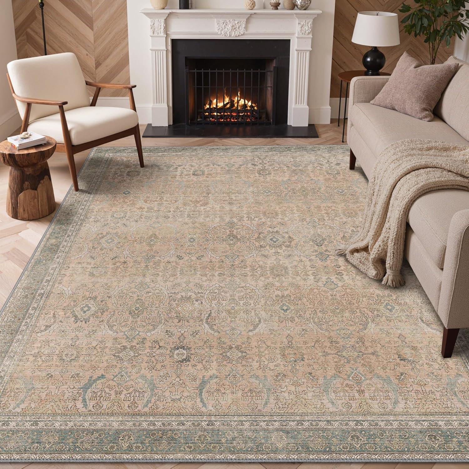 imageGENIMO 9x12 Area Rugs for Living Room Machine Washable Non Slip Rugs Low Pile Lightweight Print Rug for Bedroom Dining Room Home Office Vintage Brick RedOatmeal Beige