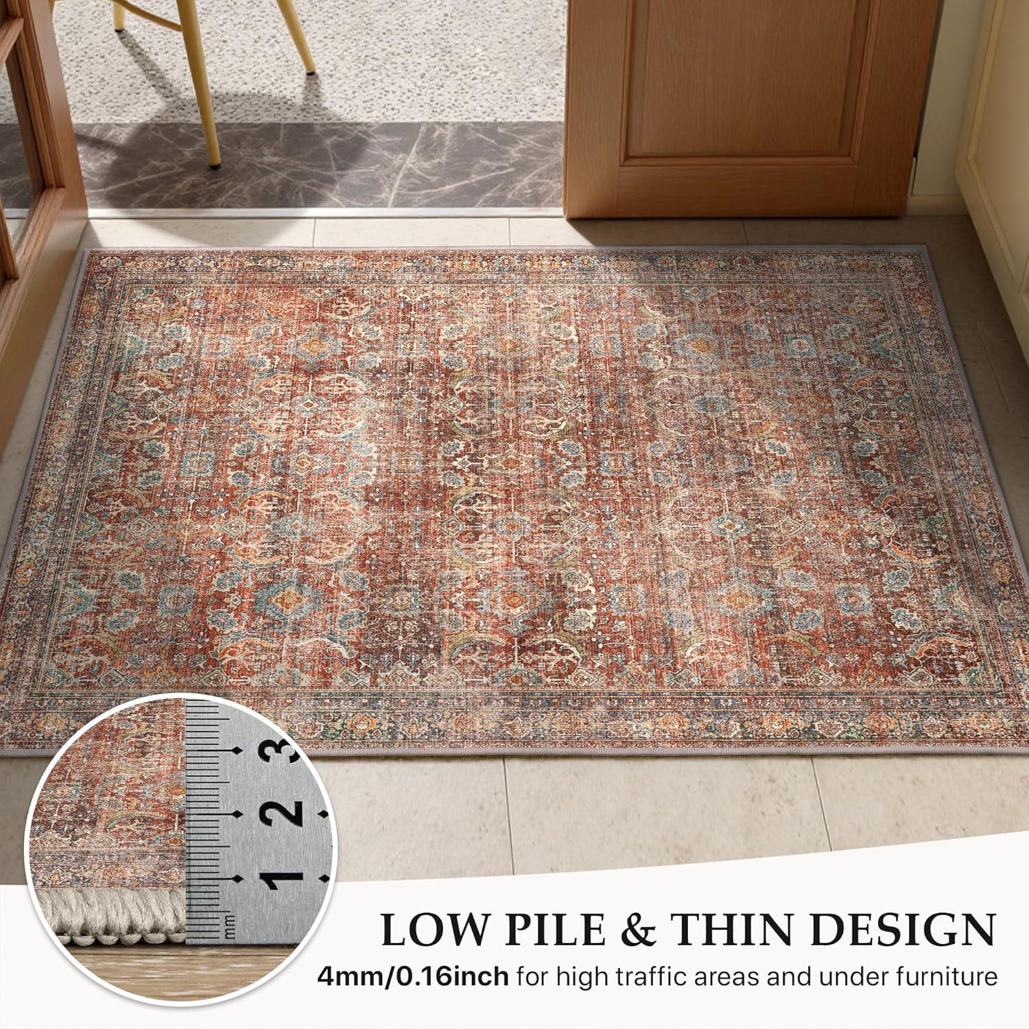 imageGENIMO 9x12 Area Rugs for Living Room Machine Washable Non Slip Rugs Low Pile Lightweight Print Rug for Bedroom Dining Room Home Office Vintage Brick RedTerracotta Indigo