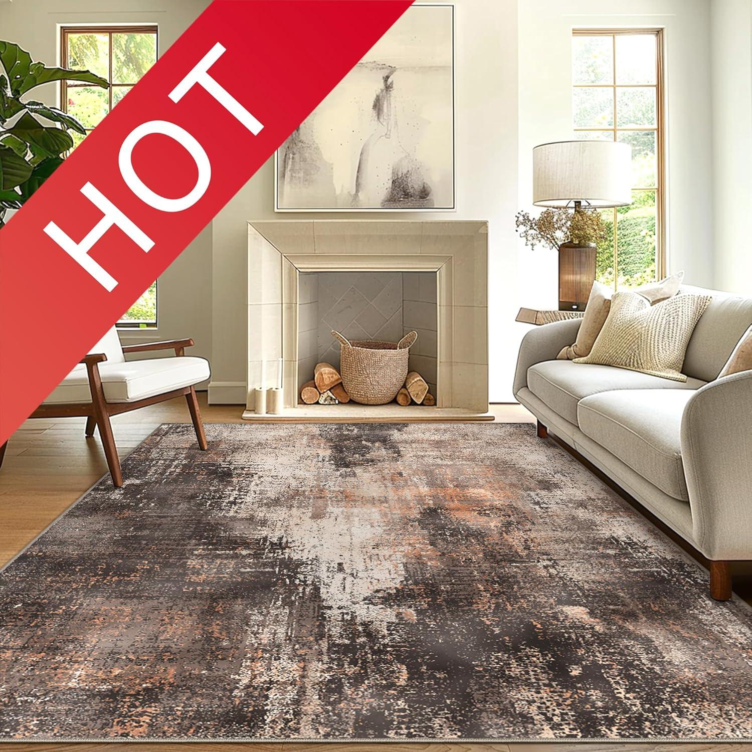 imageGENIMO 9x12 Area Rugs for Living Room Machine Washable Non Slip Rugs Low Pile Lightweight Print Rug for Bedroom Dining Room Home Office Vintage Brick RedBrown Orange
