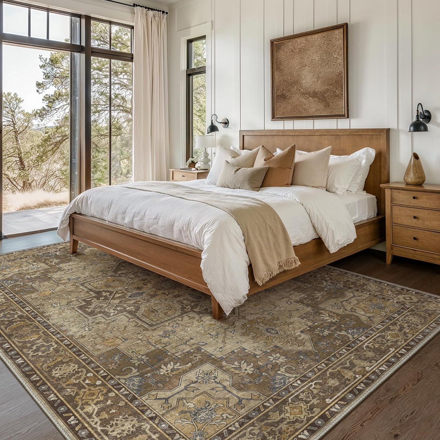 imageGENIMO 9x12 Area Rugs for Living Room Machine Washable Non Slip Rugs Low Pile Lightweight Print Rug for Bedroom Dining Room Home Office Vintage Brick RedRustic Brown