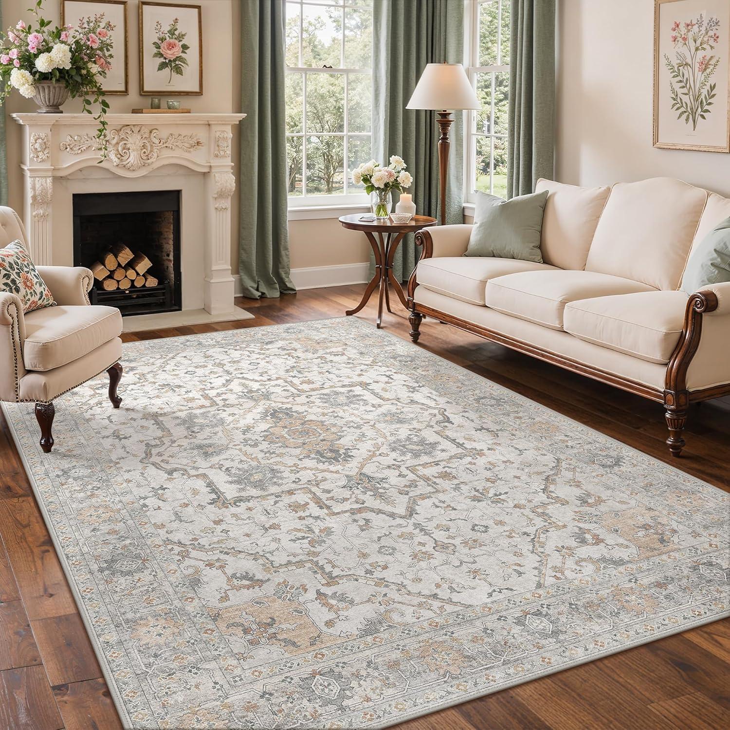 imageGENIMO 9x12 Area Rugs for Living Room Machine Washable Non Slip Rugs Low Pile Lightweight Print Rug for Bedroom Dining Room Home Office Vintage Brick RedGray Brown